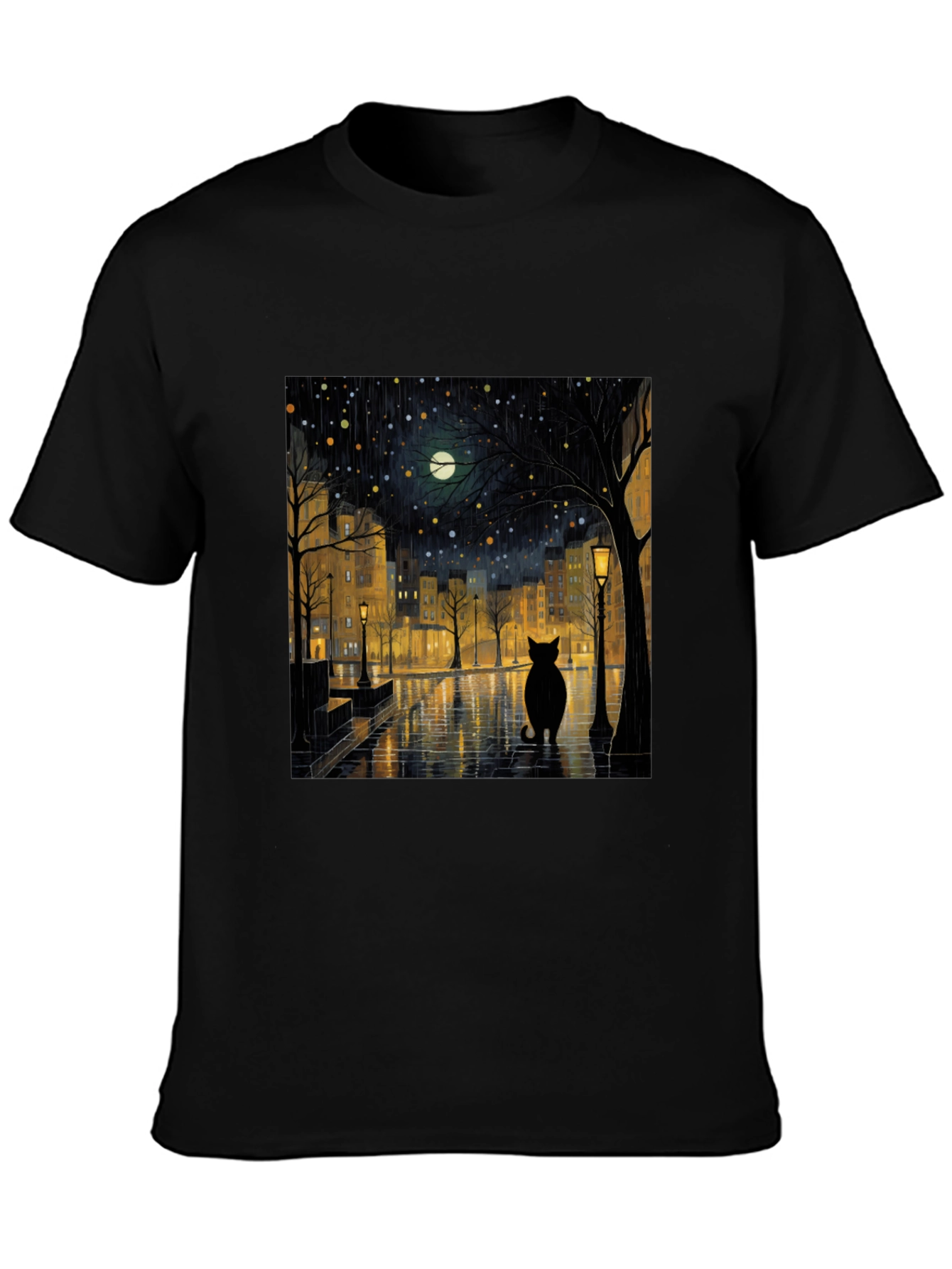 Black Cat Rainy Night City T-Shirt