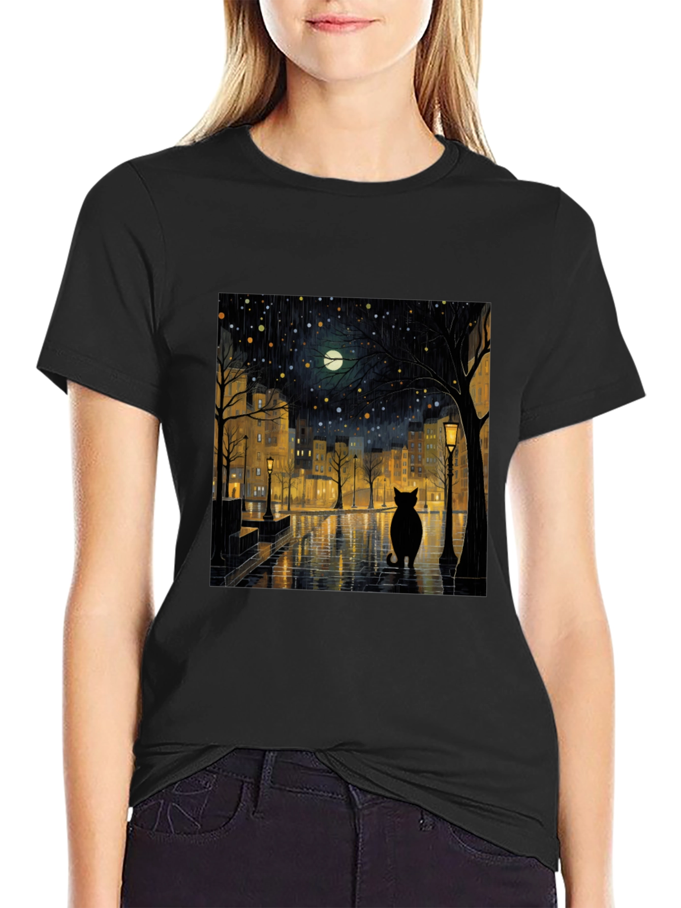 Black Cat Rainy Night City T-Shirt