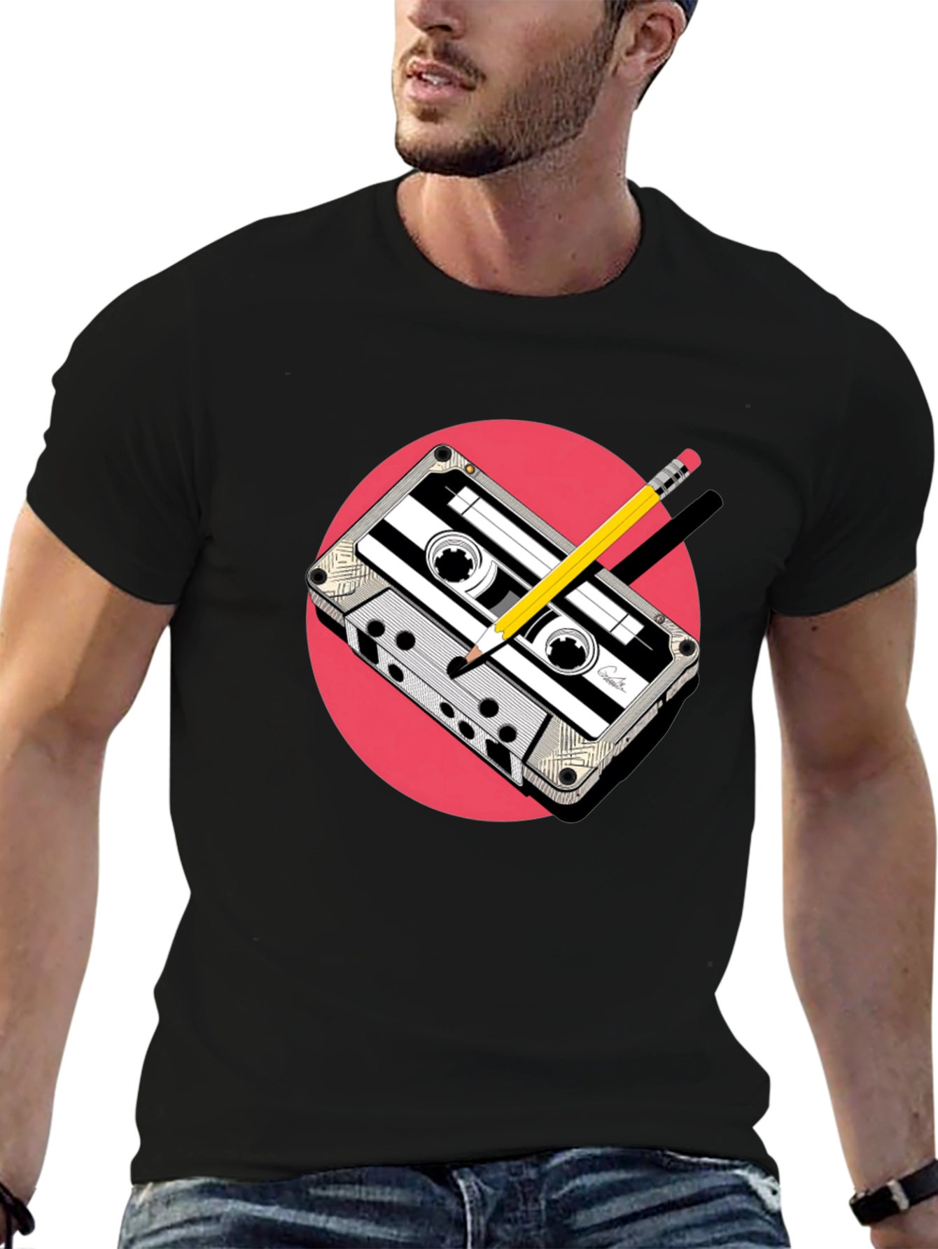 Retro Cassette & Pencil Graphic Tee - Classic Cool