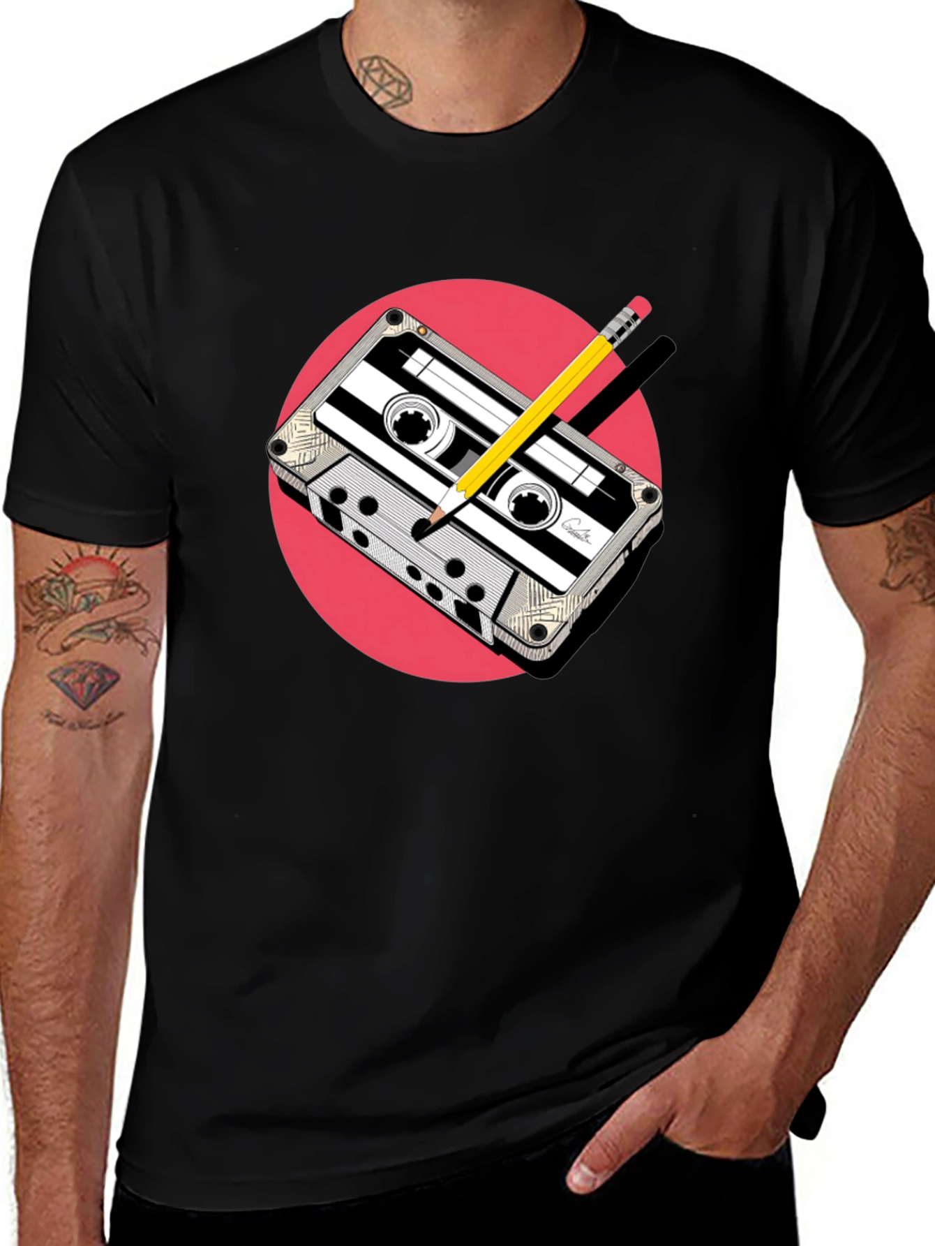 Retro Cassette & Pencil Graphic Tee - Classic Cool