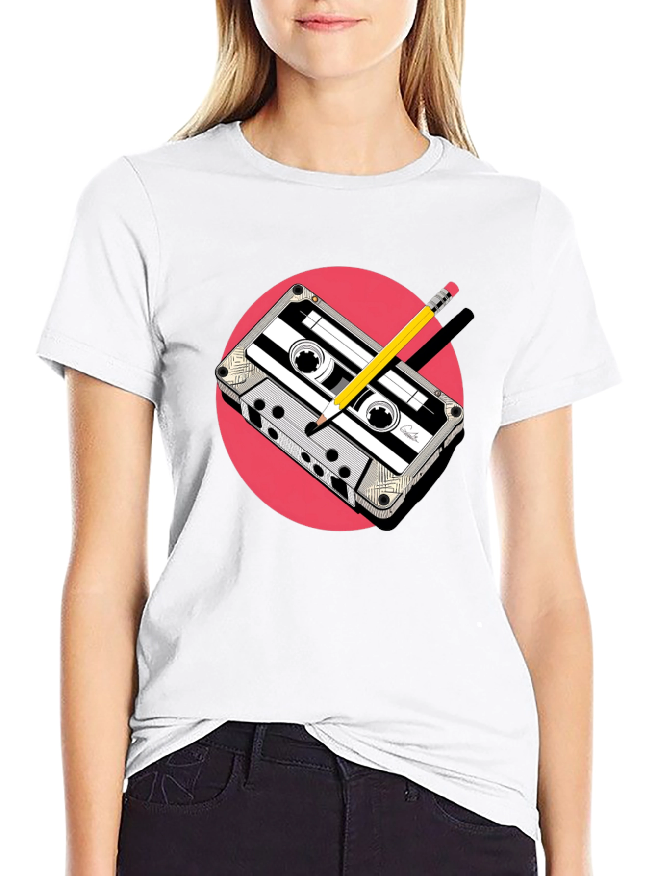 Retro Cassette & Pencil Graphic Tee - Classic Cool