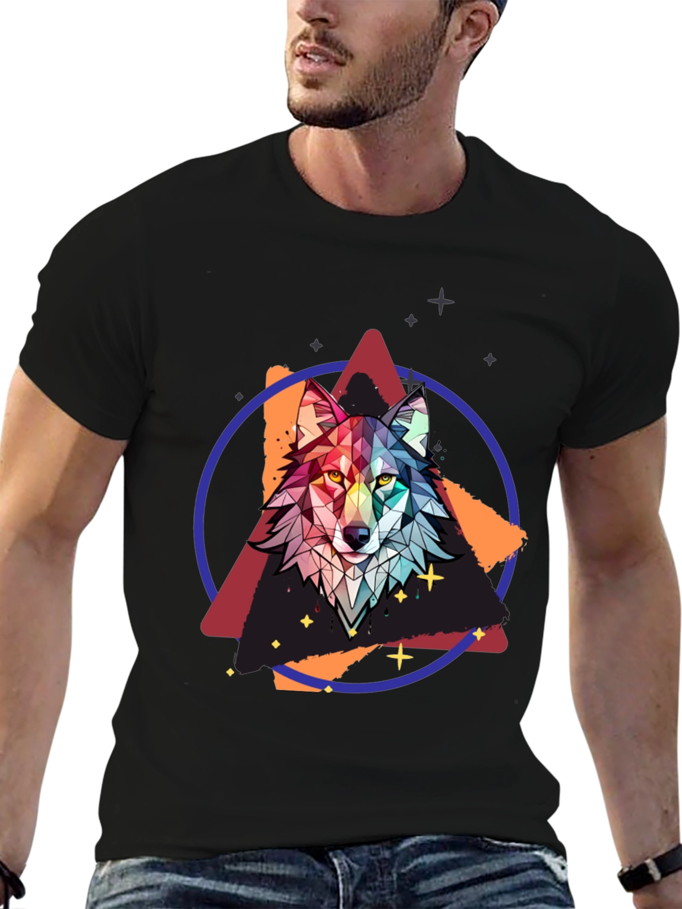 Geometric Wolf Graphic Tee - Mens Black T-Shirt