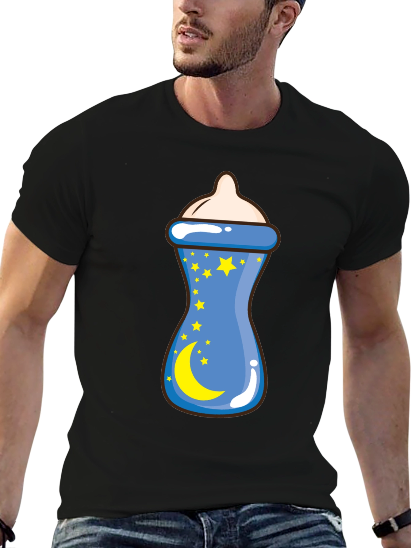 Baby Bottle Moon Stars Graphic Black T-Shirt