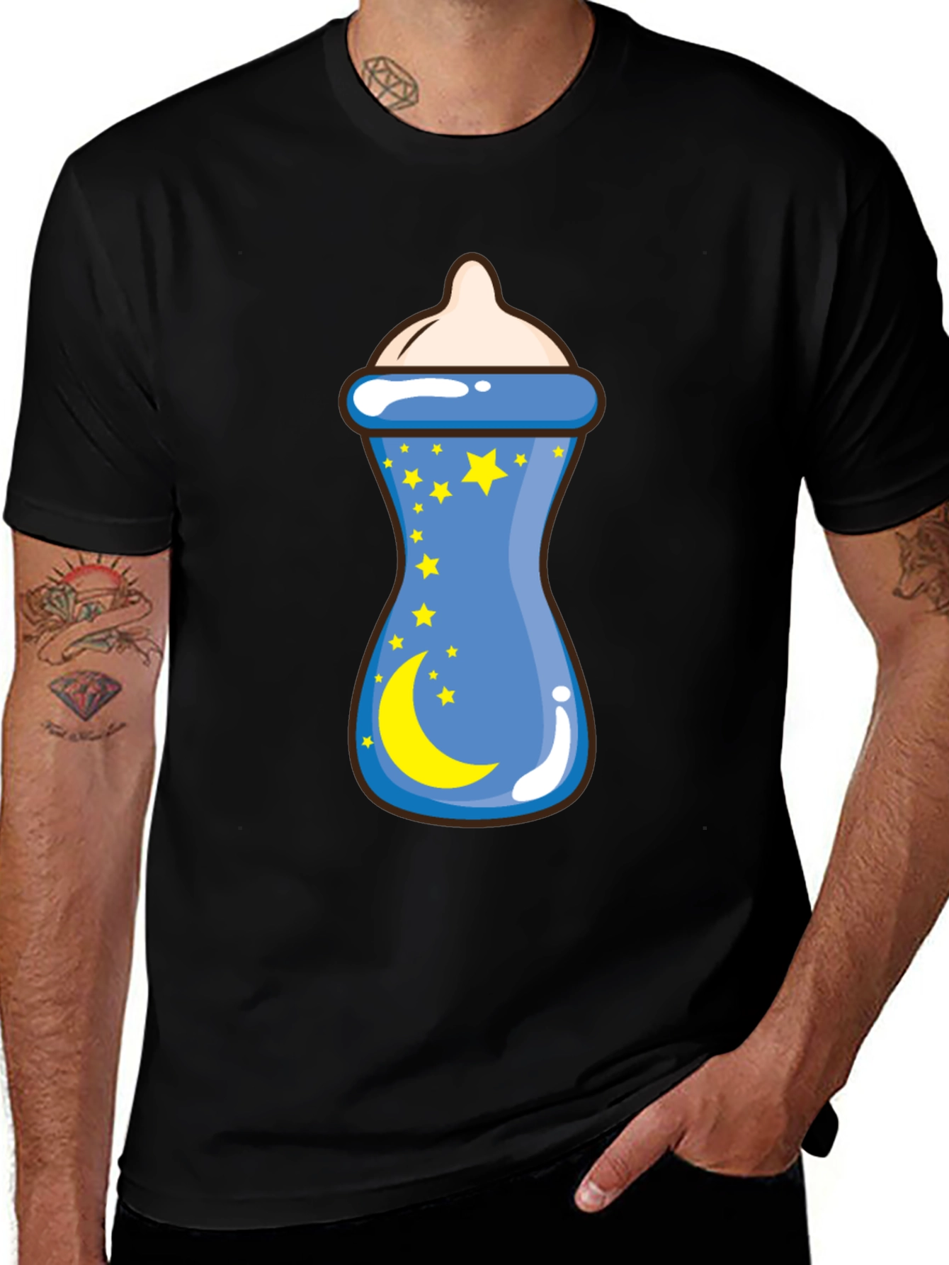 Baby Bottle Moon Stars Graphic Black T-Shirt