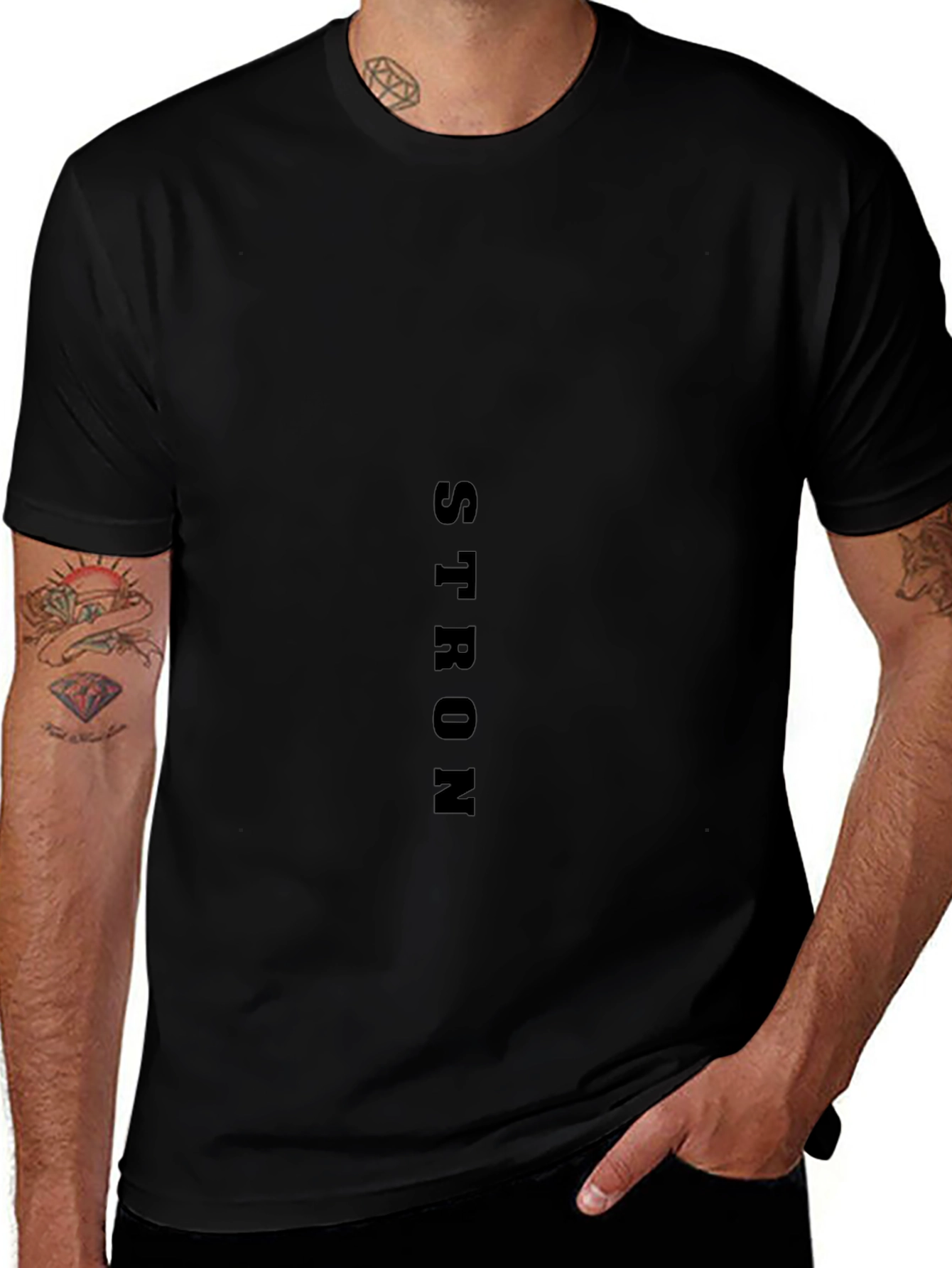 Black T-Shirt: STRON Vertical Print Casual Wear