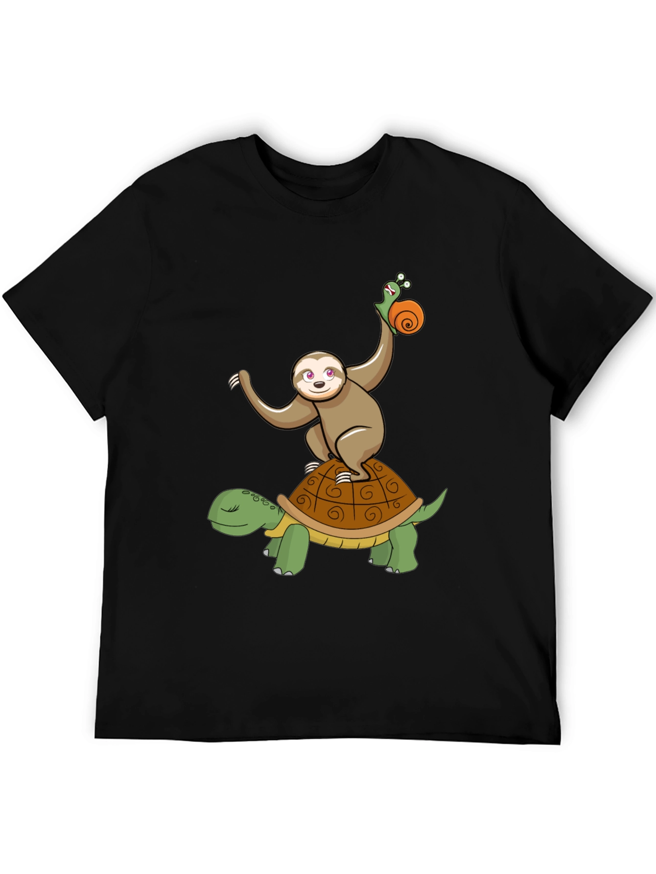 Sloth Snail Turtle Cartoon Black T-Shirt