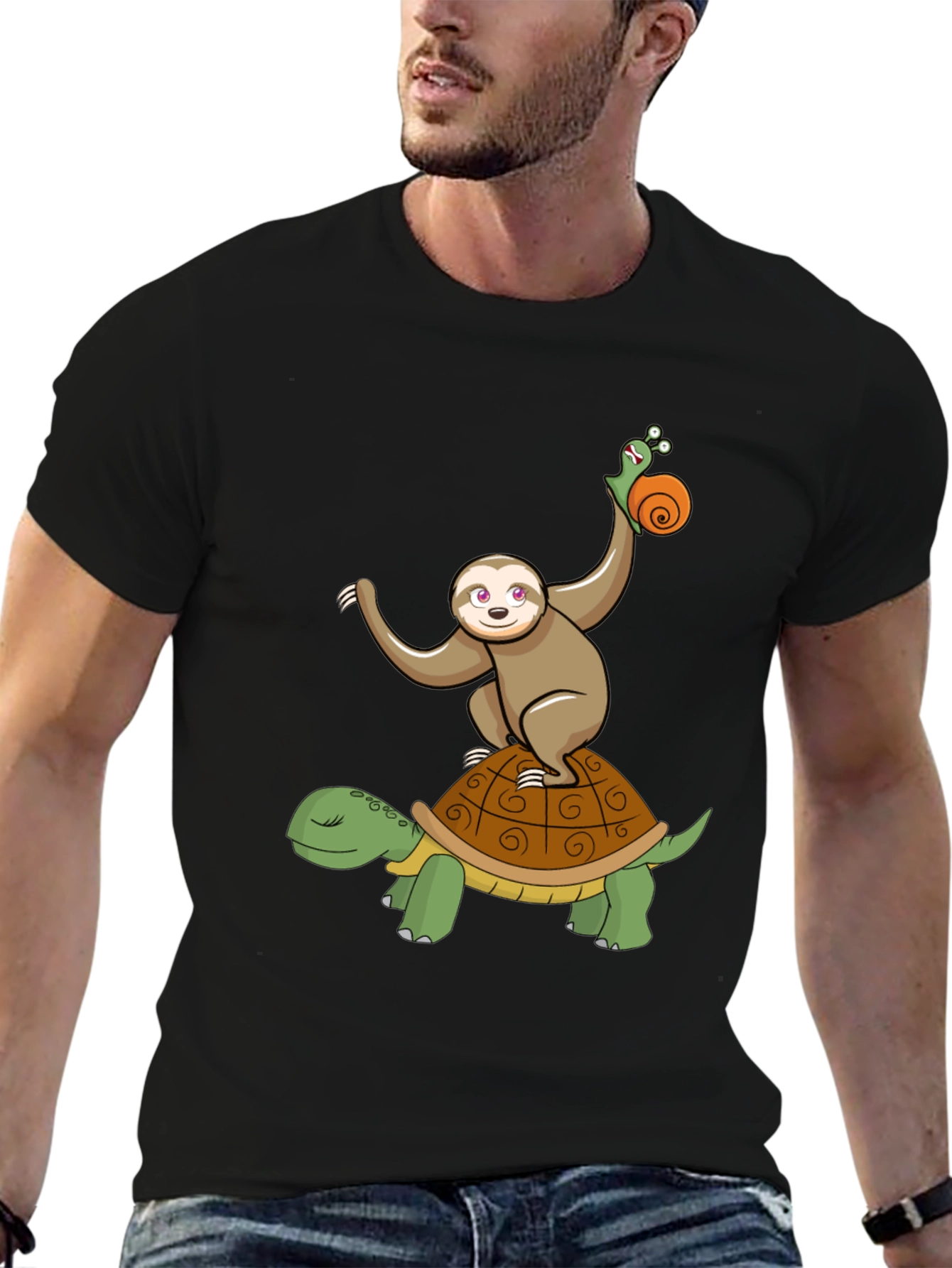 Sloth Snail Turtle Cartoon Black T-Shirt