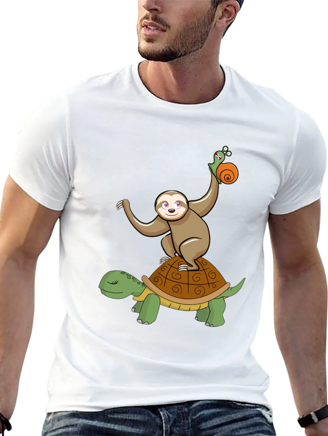 Sloth Snail Turtle Cartoon Black T-Shirt
