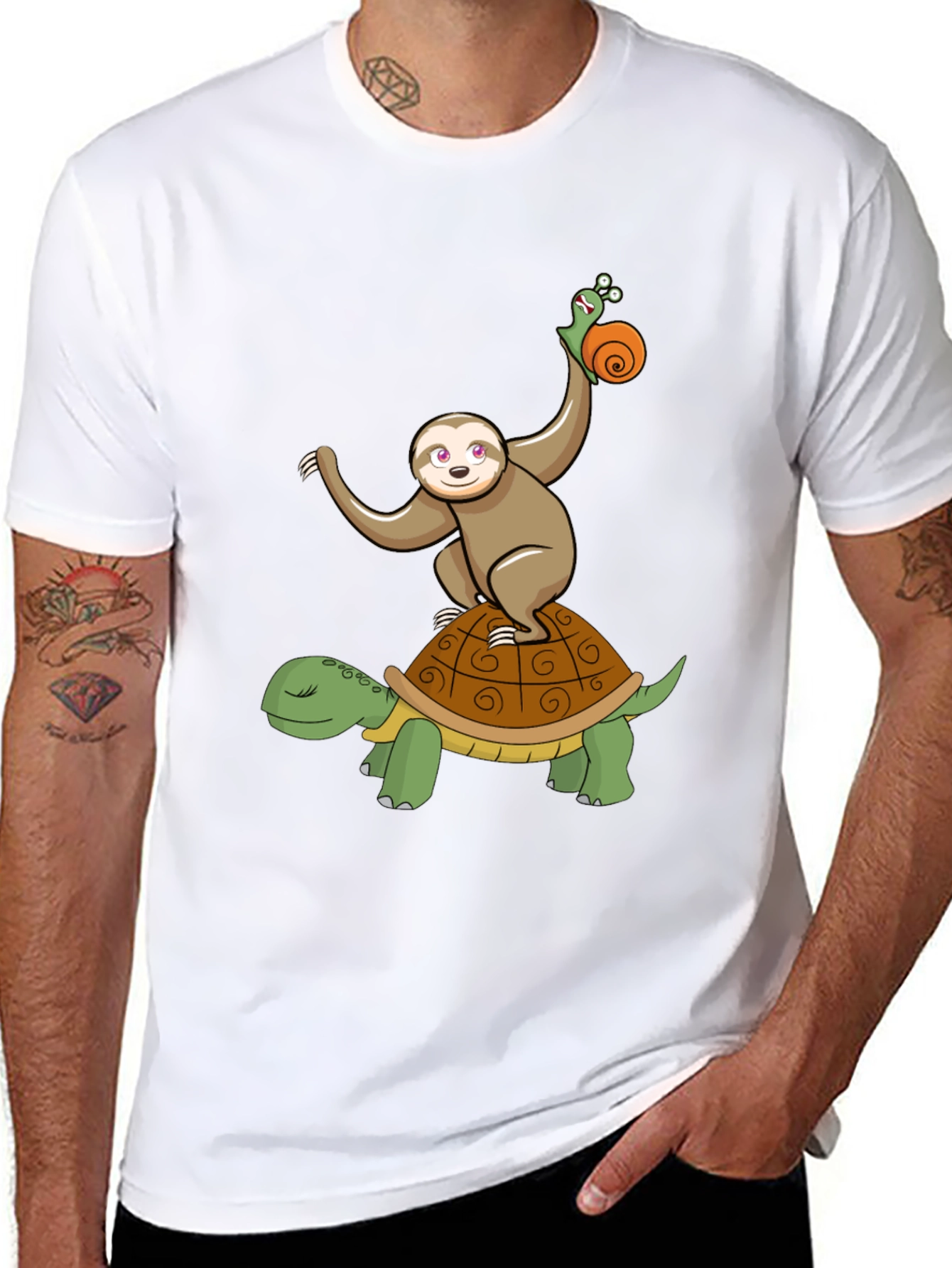 Sloth Snail Turtle Cartoon Black T-Shirt
