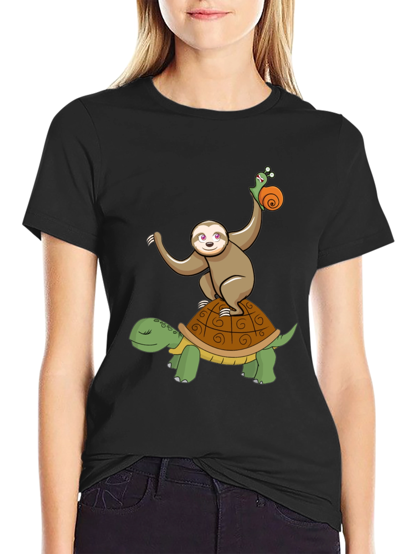 Sloth Snail Turtle Cartoon Black T-Shirt