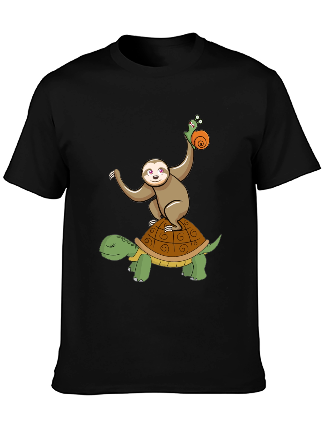 Sloth Snail Turtle Cartoon Black T-Shirt