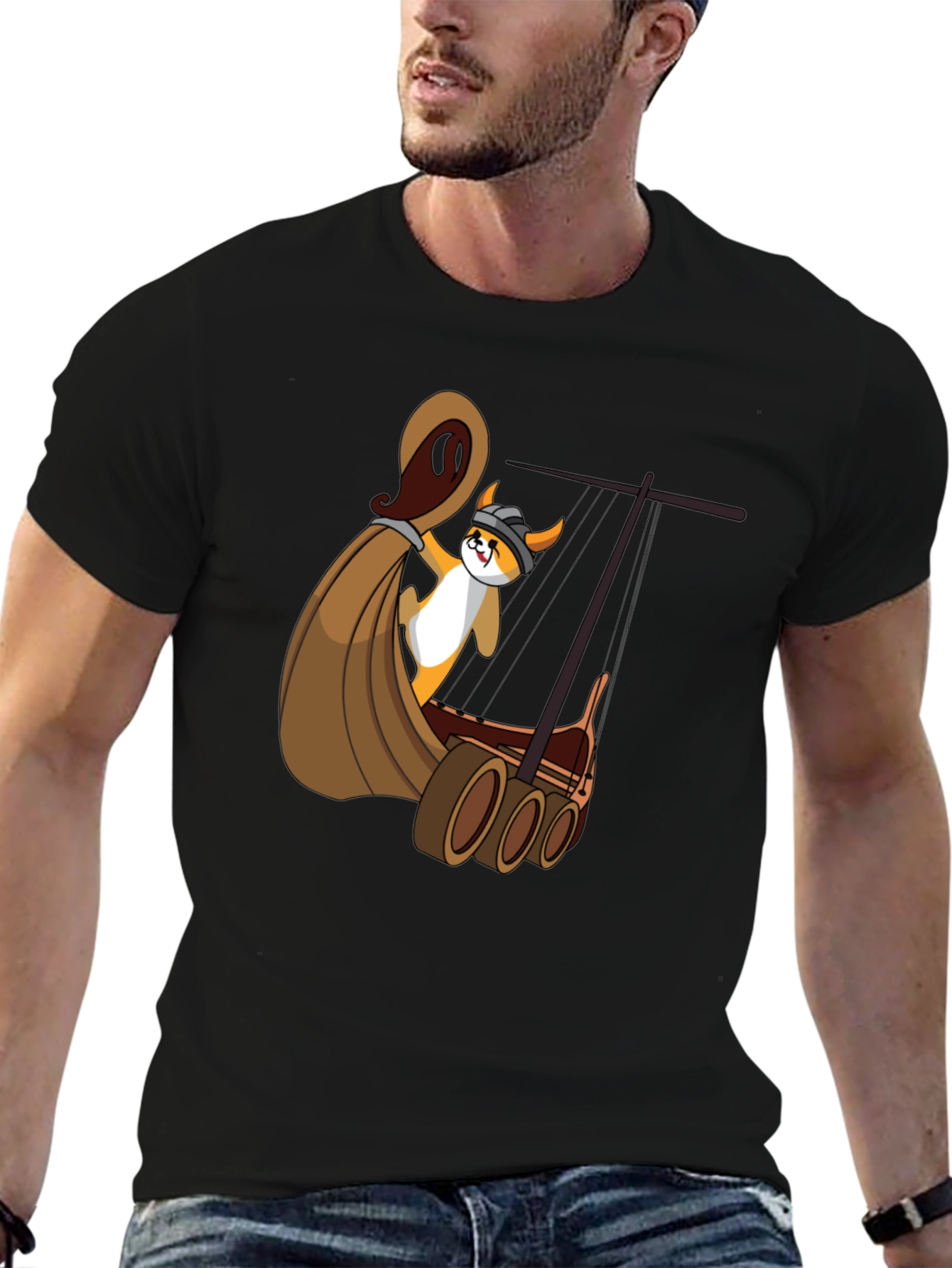 Viking Corgi Boat T-Shirt - Black