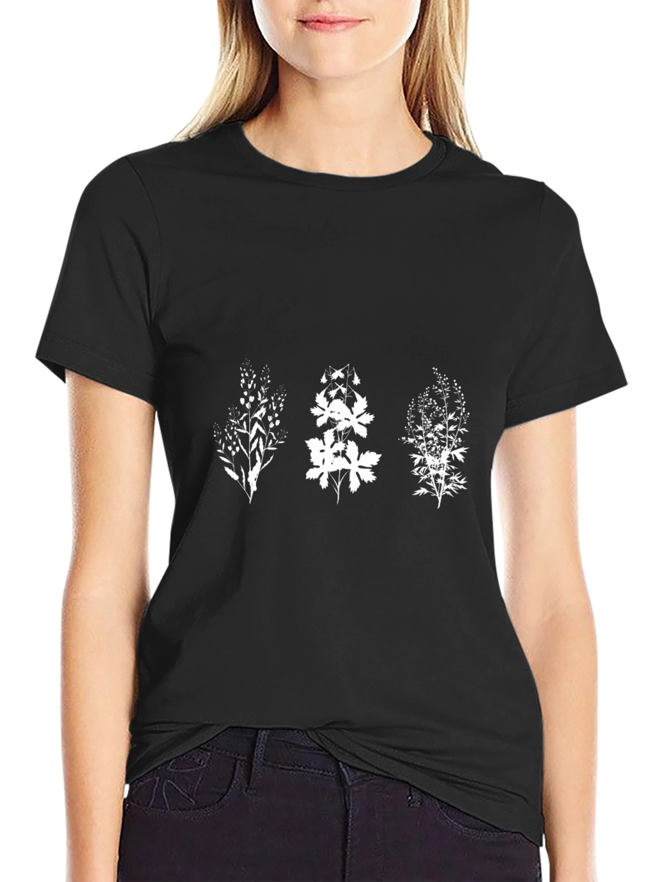 Botanical Print Black Crew Neck Tee