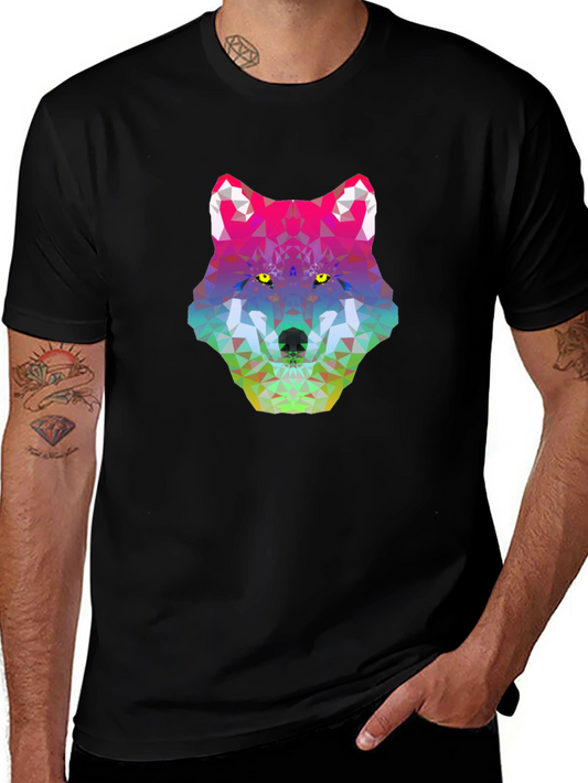 Geometric Wolf Head Graphic Tee - Black