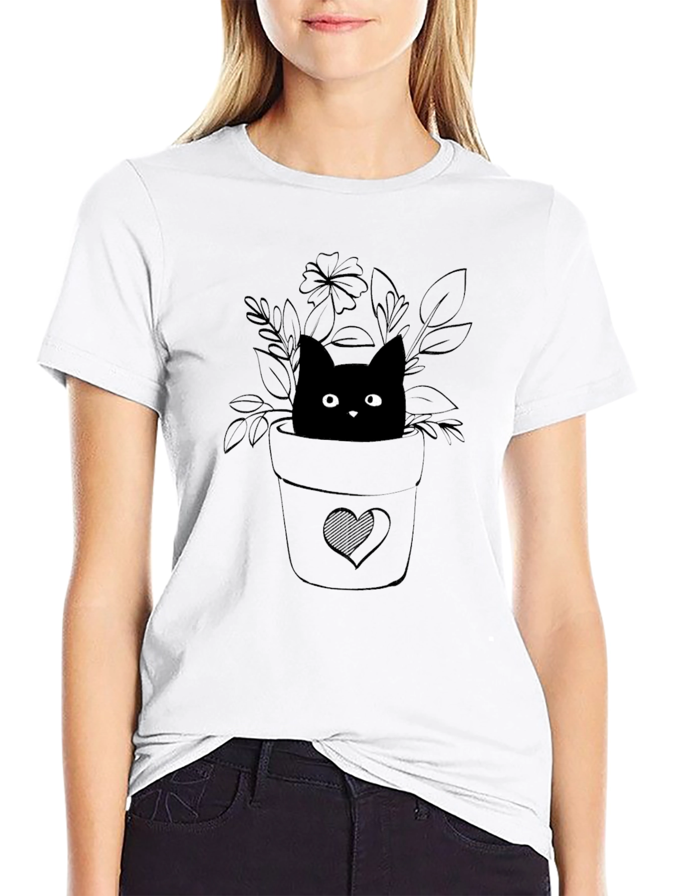 Cute Cat Plant Pot Graphic Tee - Black
