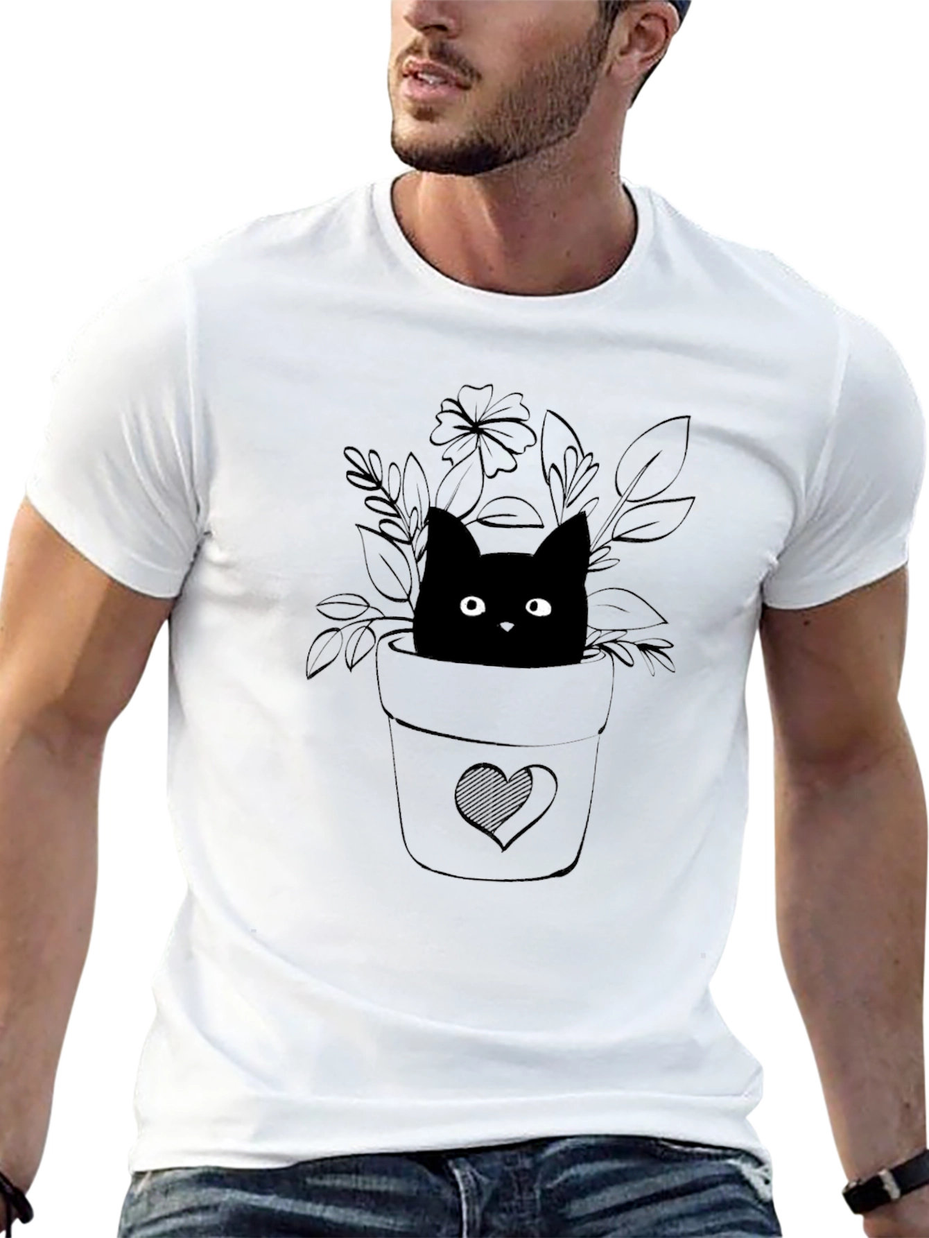 Cute Cat Plant Pot Graphic Tee - Black
