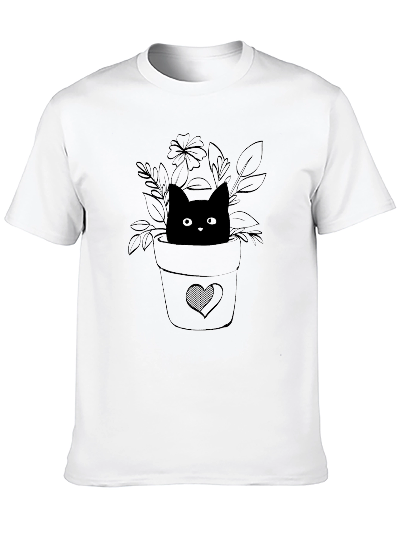 Cute Cat Plant Pot Graphic Tee - Black