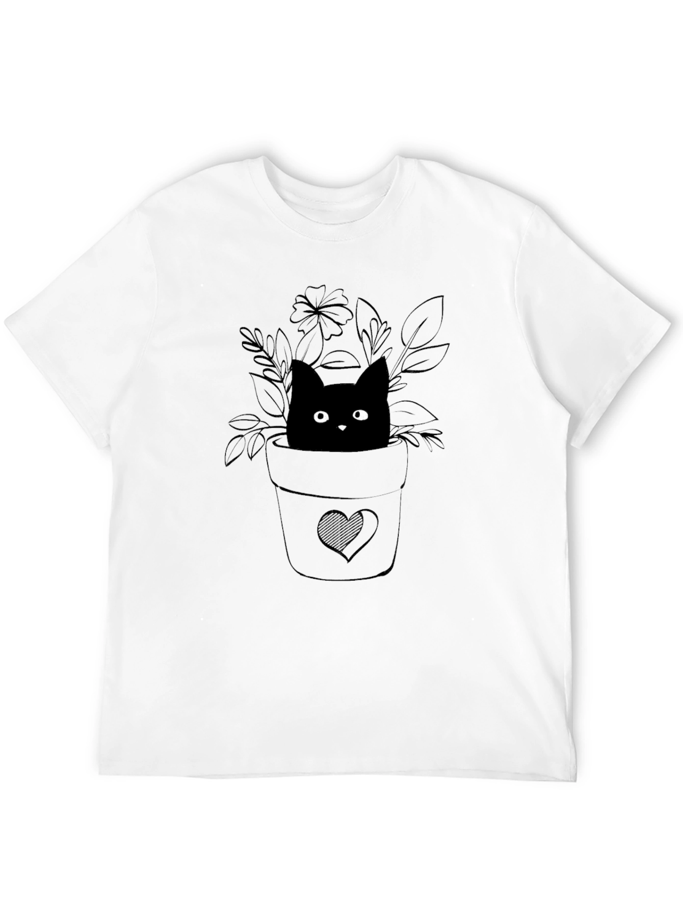 Cute Cat Plant Pot Graphic Tee - Black