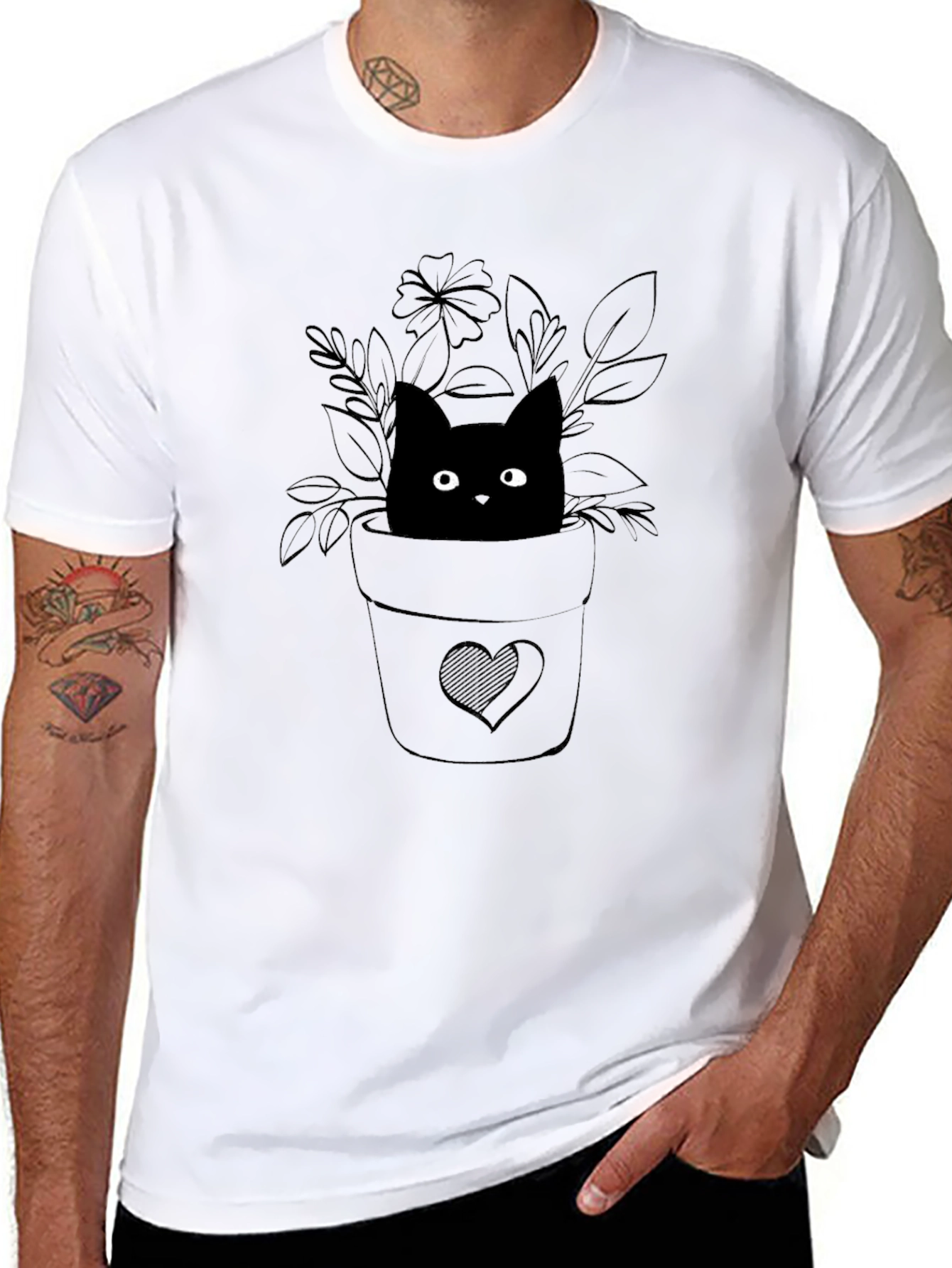 Cute Cat Plant Pot Graphic Tee - Black