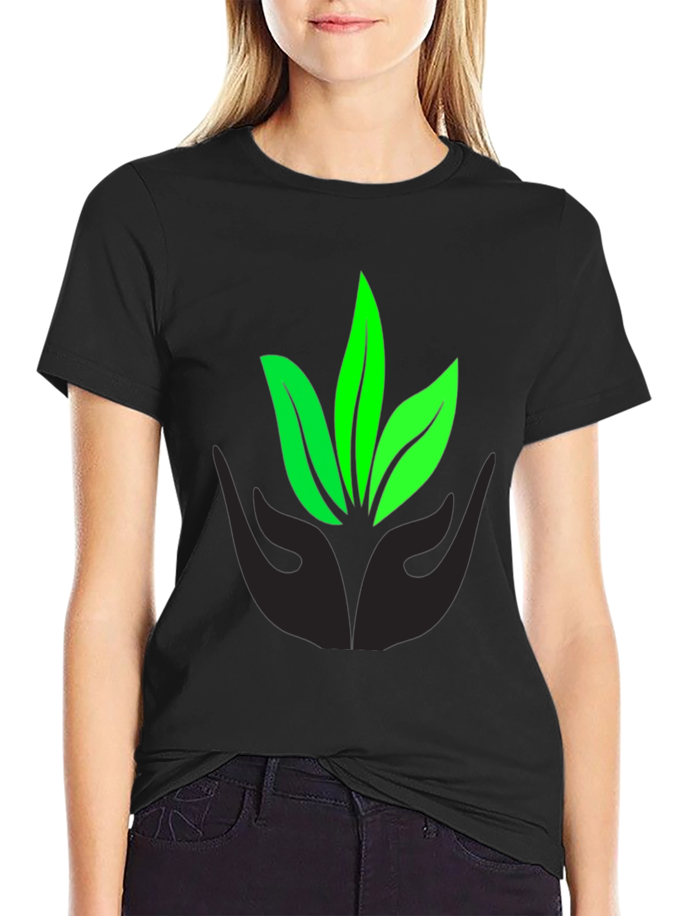Eco-Friendly Black T-Shirt with Leaf Design