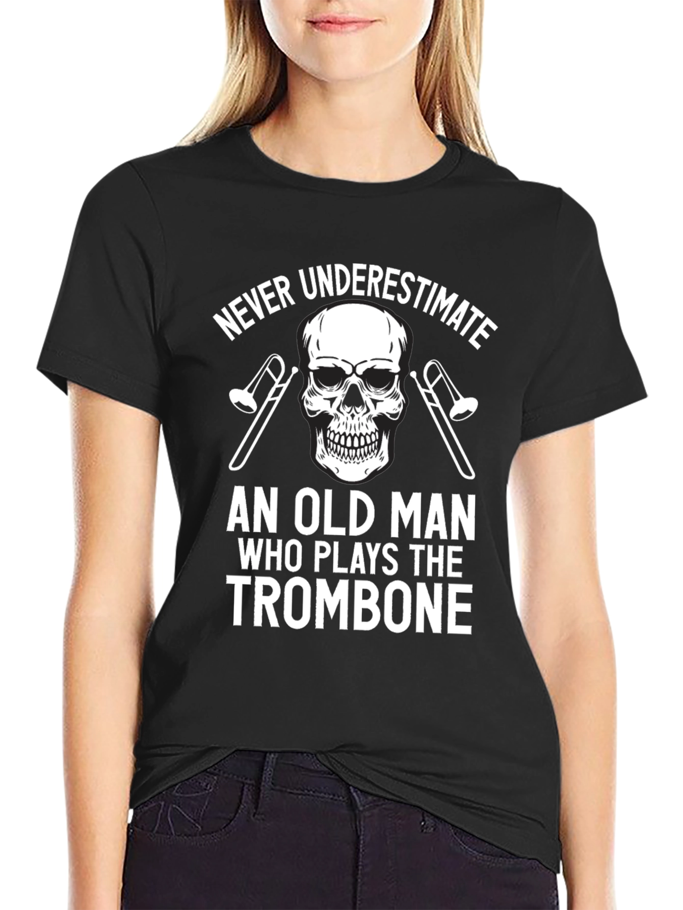 Never Underestimate Old Man Trombone Skull T-Shirt