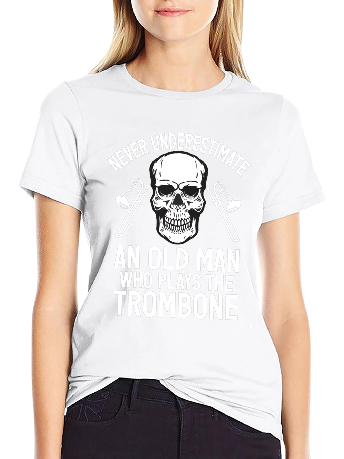 Never Underestimate Old Man Trombone Skull T-Shirt