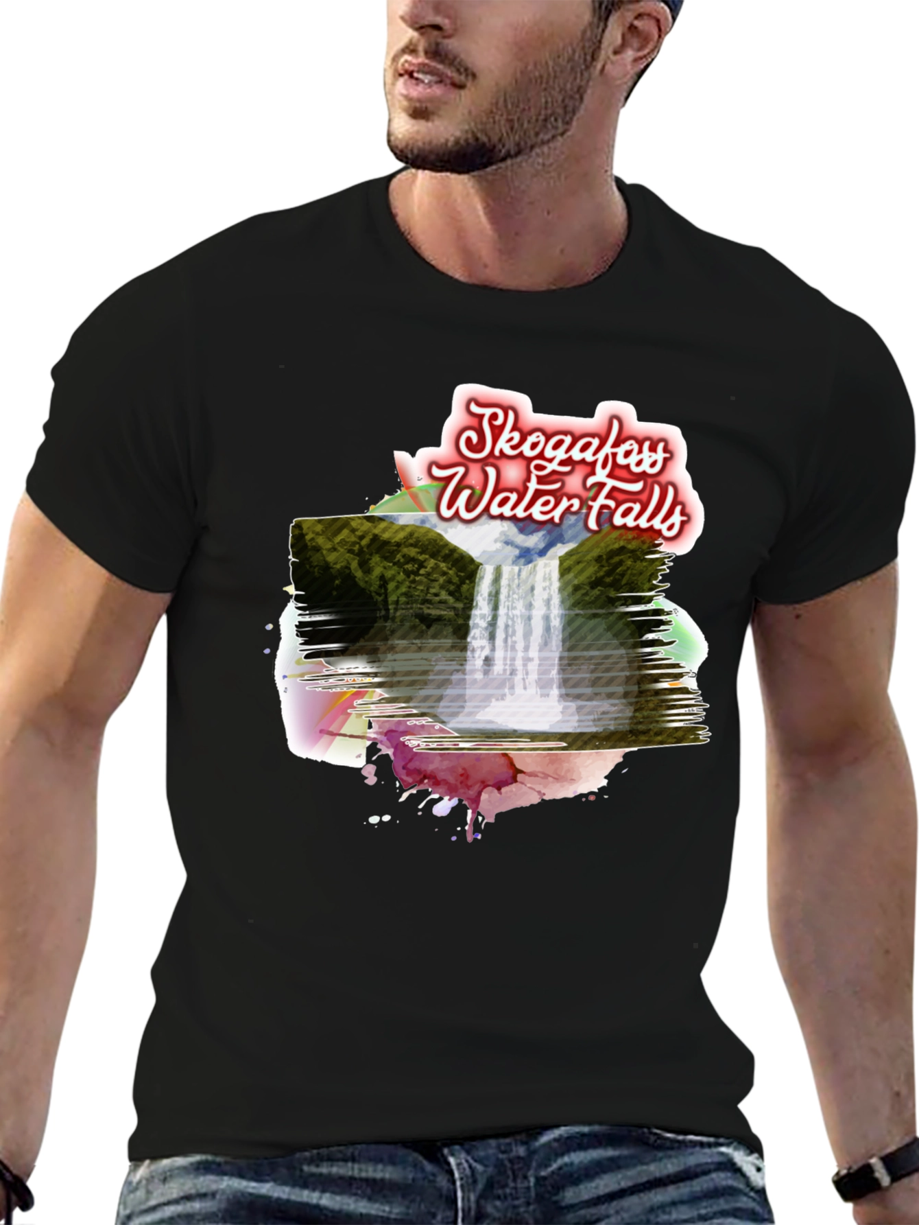 Skogafoss Waterfalls T-Shirt - Scenic Black Tee