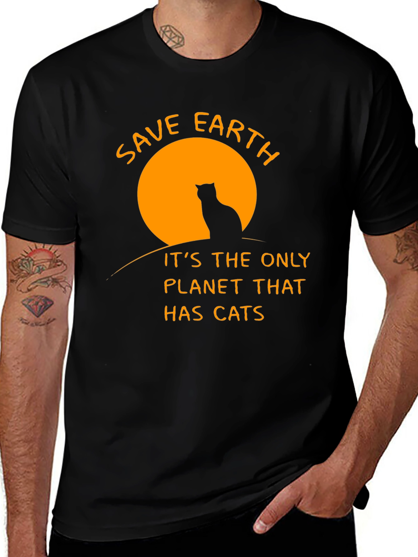 Save Earth Cats T-Shirt - Black Cotton Crew Neck