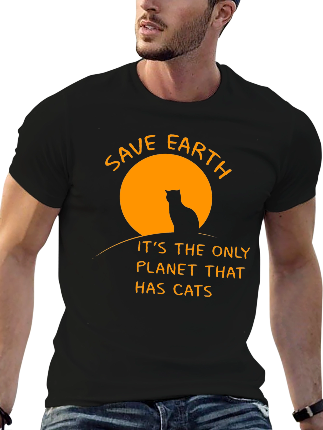 Save Earth Cats T-Shirt - Black Cotton Crew Neck
