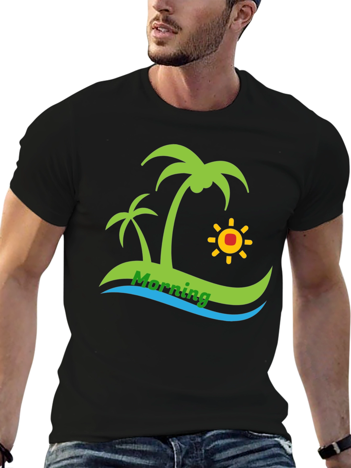 Island Morning Graphic Tee - Black Cotton T-Shirt