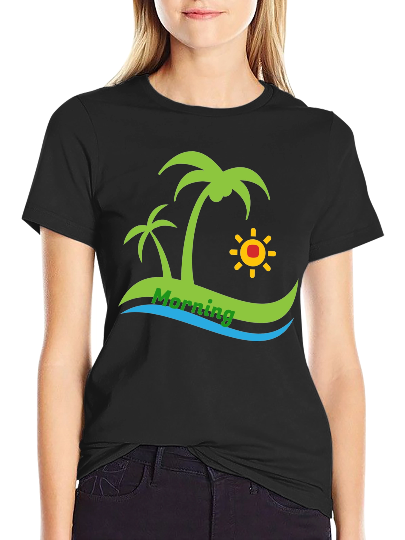 Island Morning Graphic Tee - Black Cotton T-Shirt