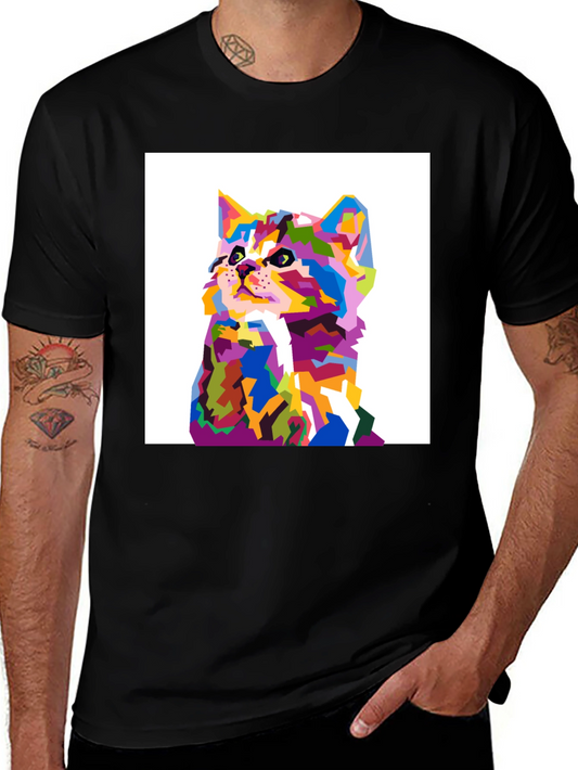 Colorful Geometric Cat Graphic Tee - Black Cotton Shirt