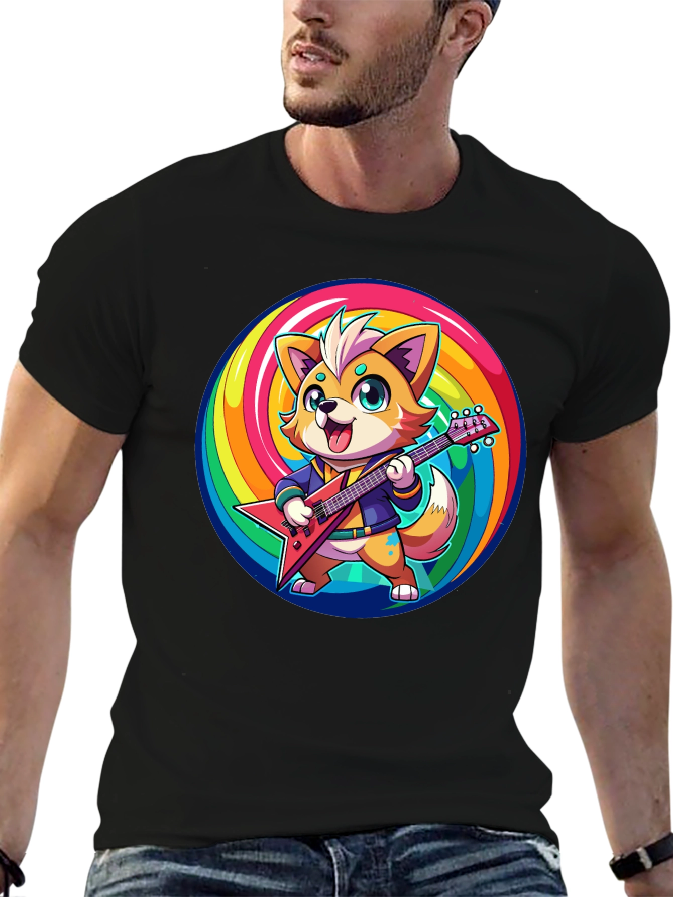 Rockstar Fox T-Shirt - Rainbow Swirl Design