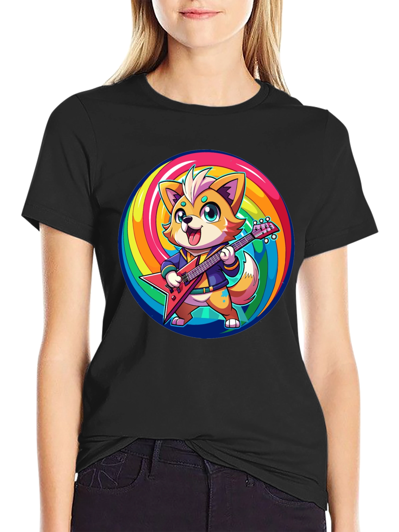 Rockstar Fox T-Shirt - Rainbow Swirl Design