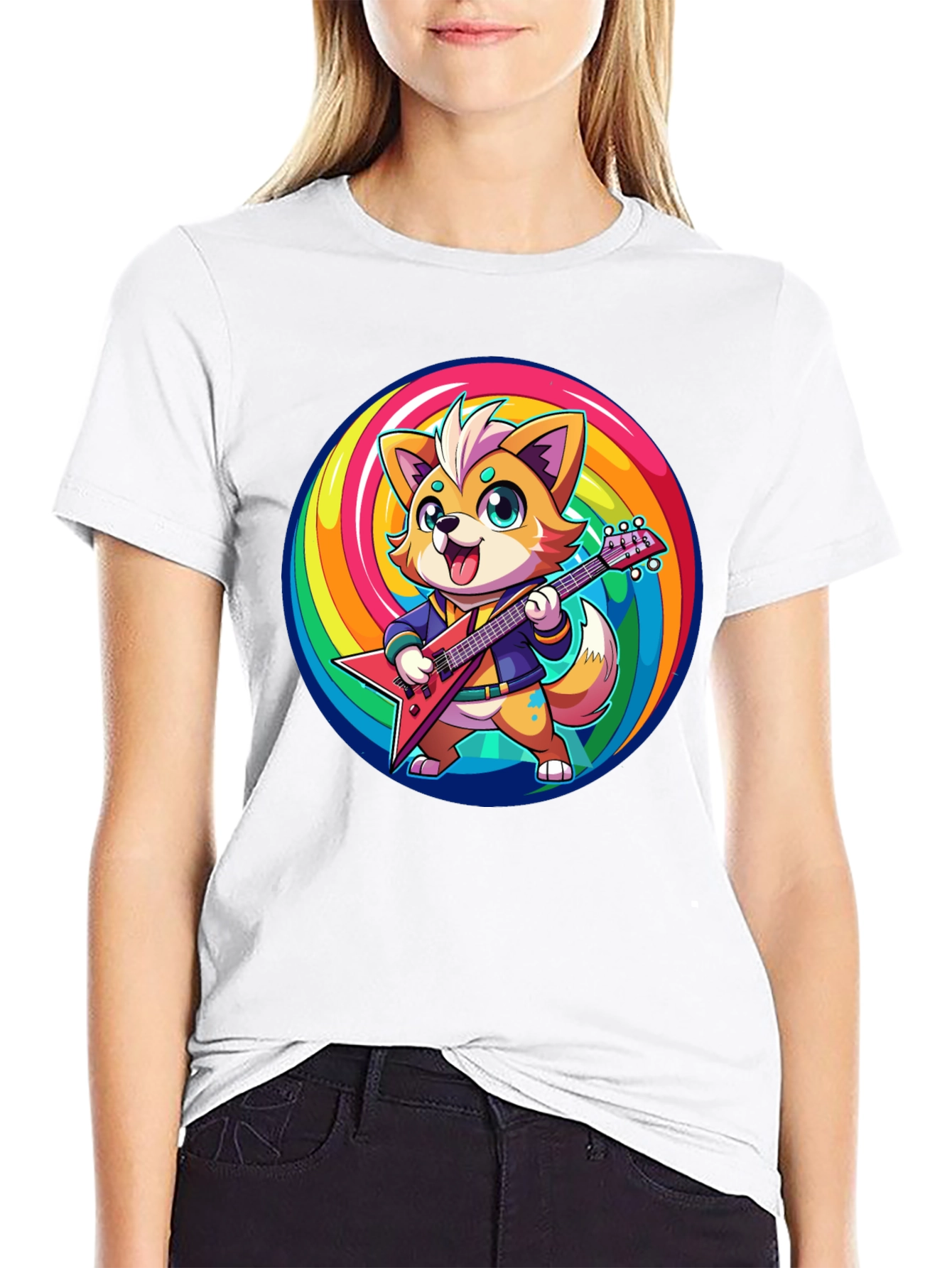Rockstar Fox T-Shirt - Rainbow Swirl Design