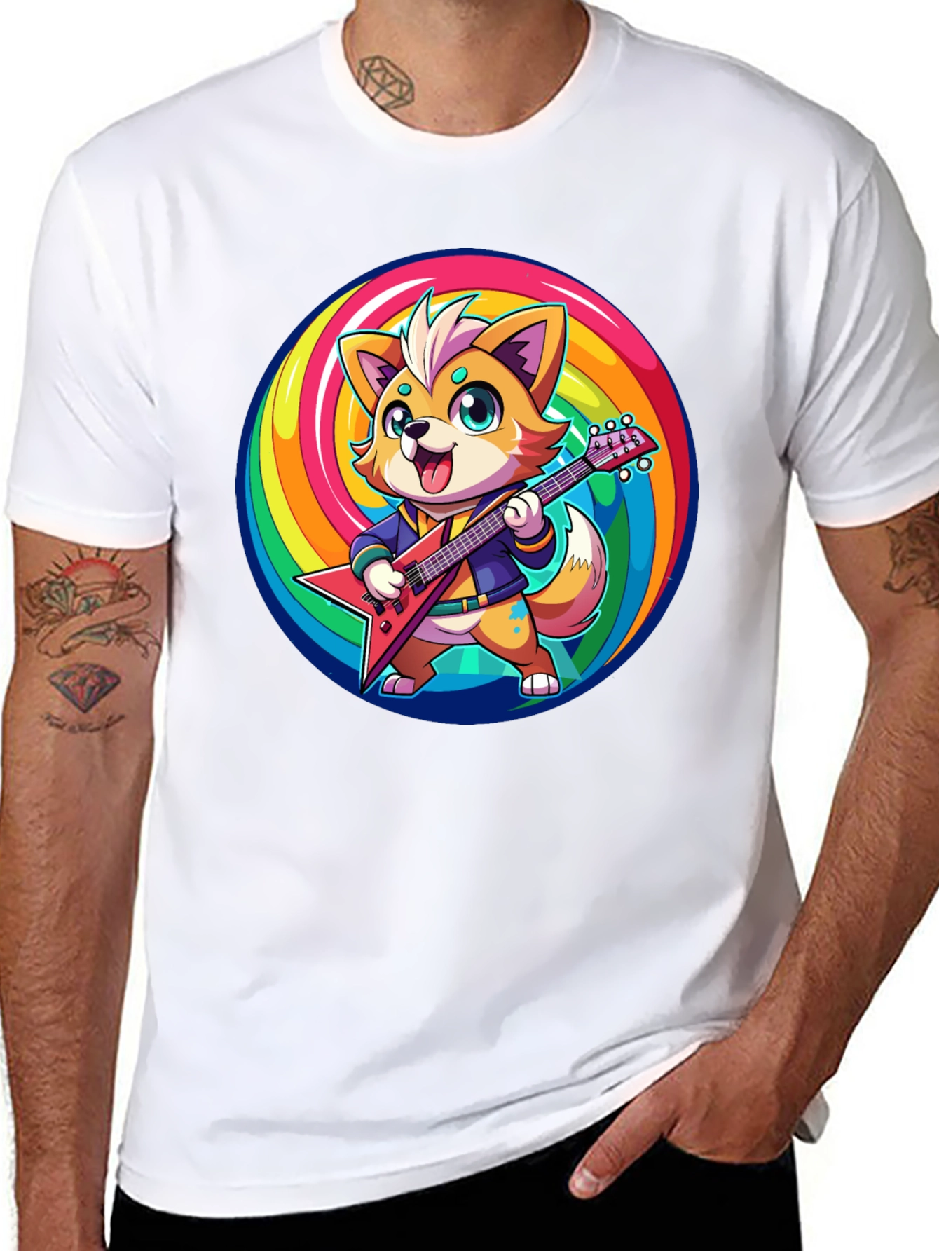 Rockstar Fox T-Shirt - Rainbow Swirl Design