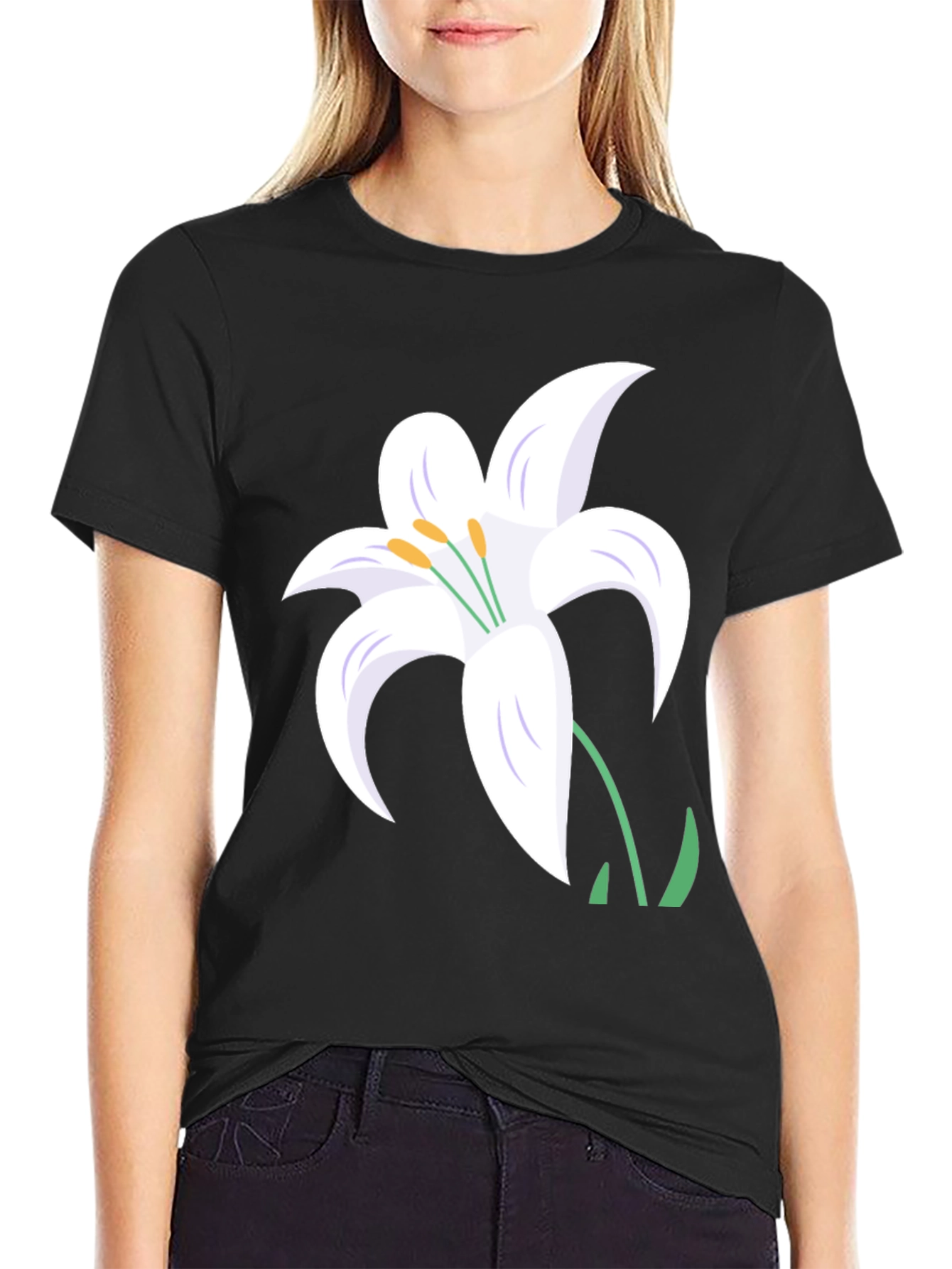 White Lily Graphic Tee - Stylish Black T-Shirt