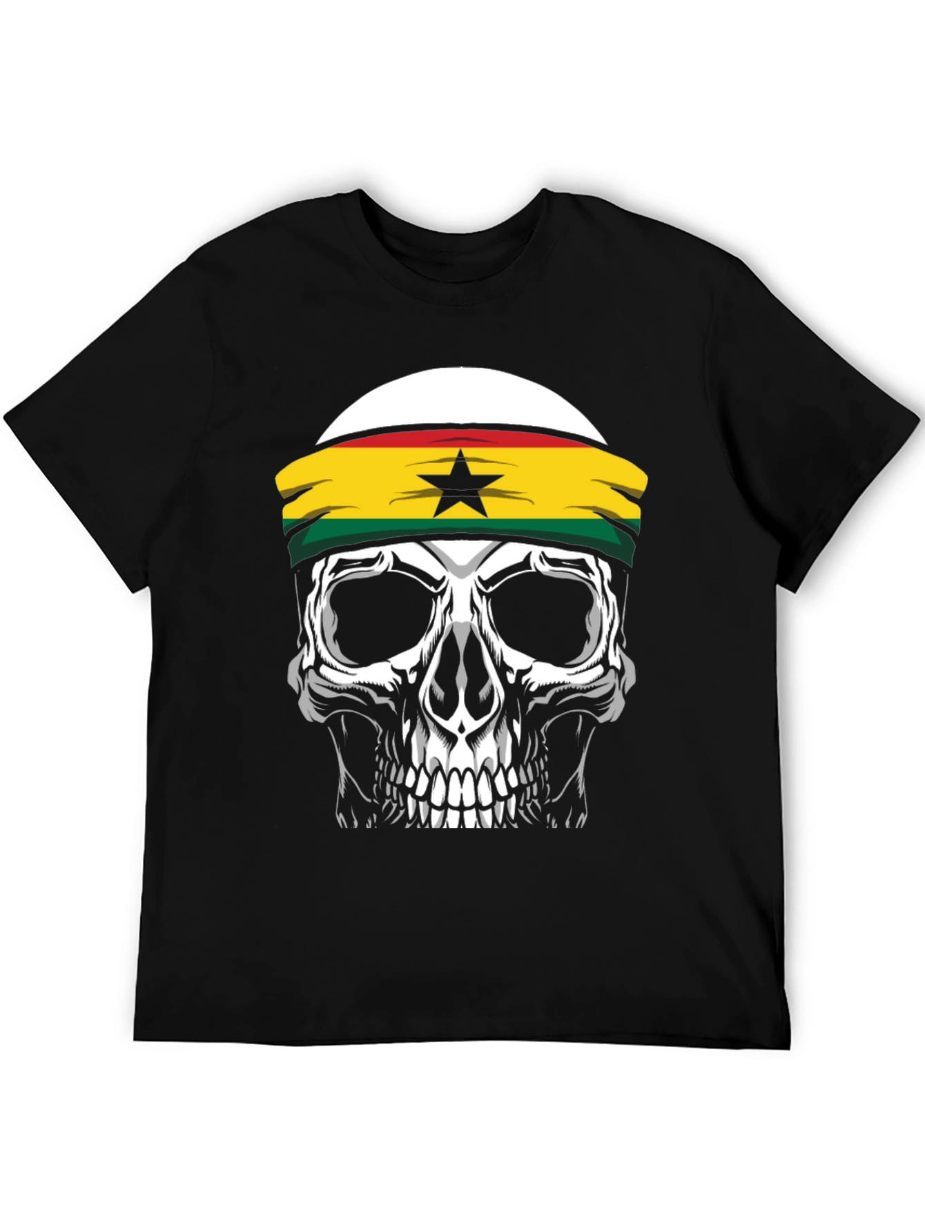 Skull Ghana Flag Headband Black T-Shirt