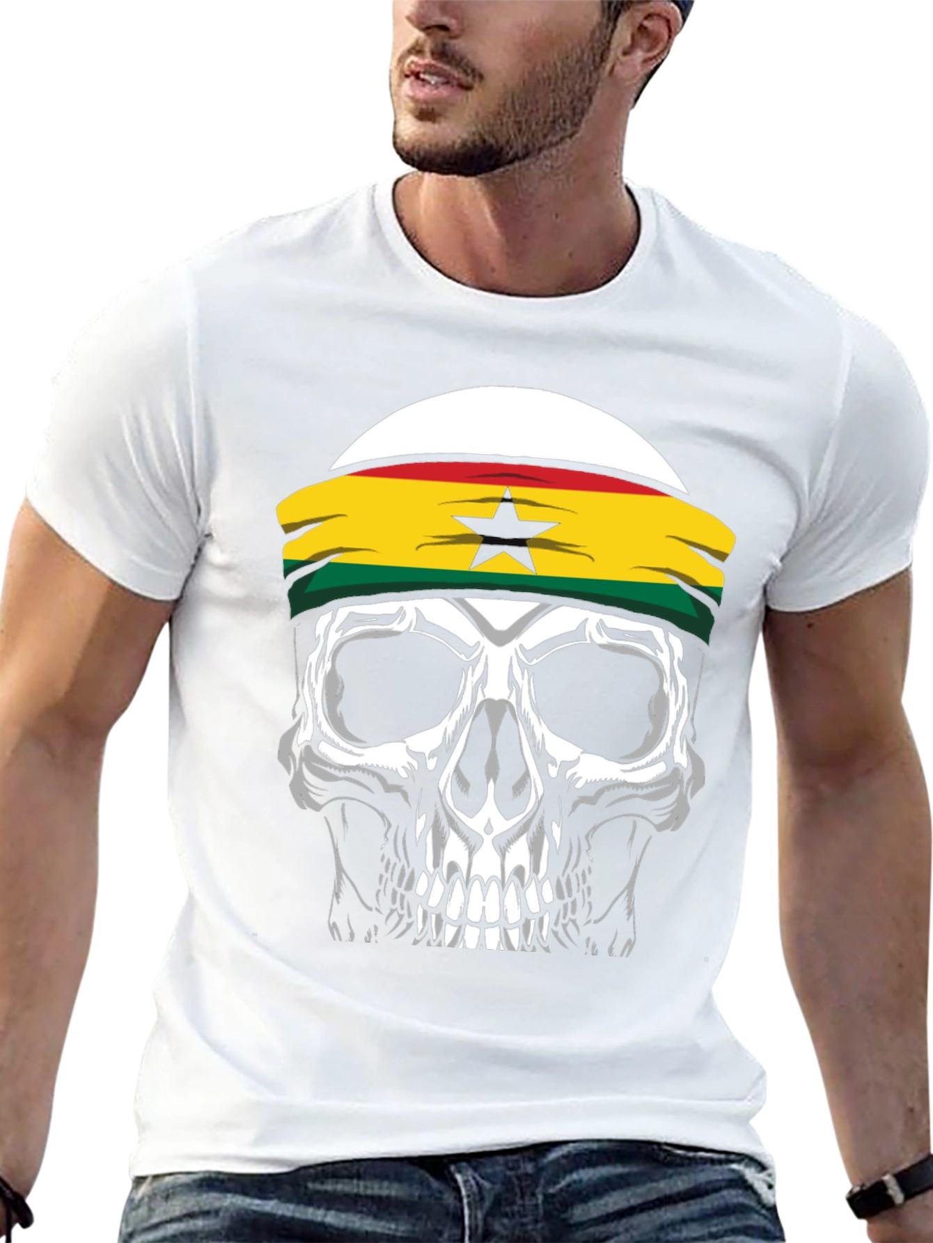 Skull Ghana Flag Headband Black T-Shirt