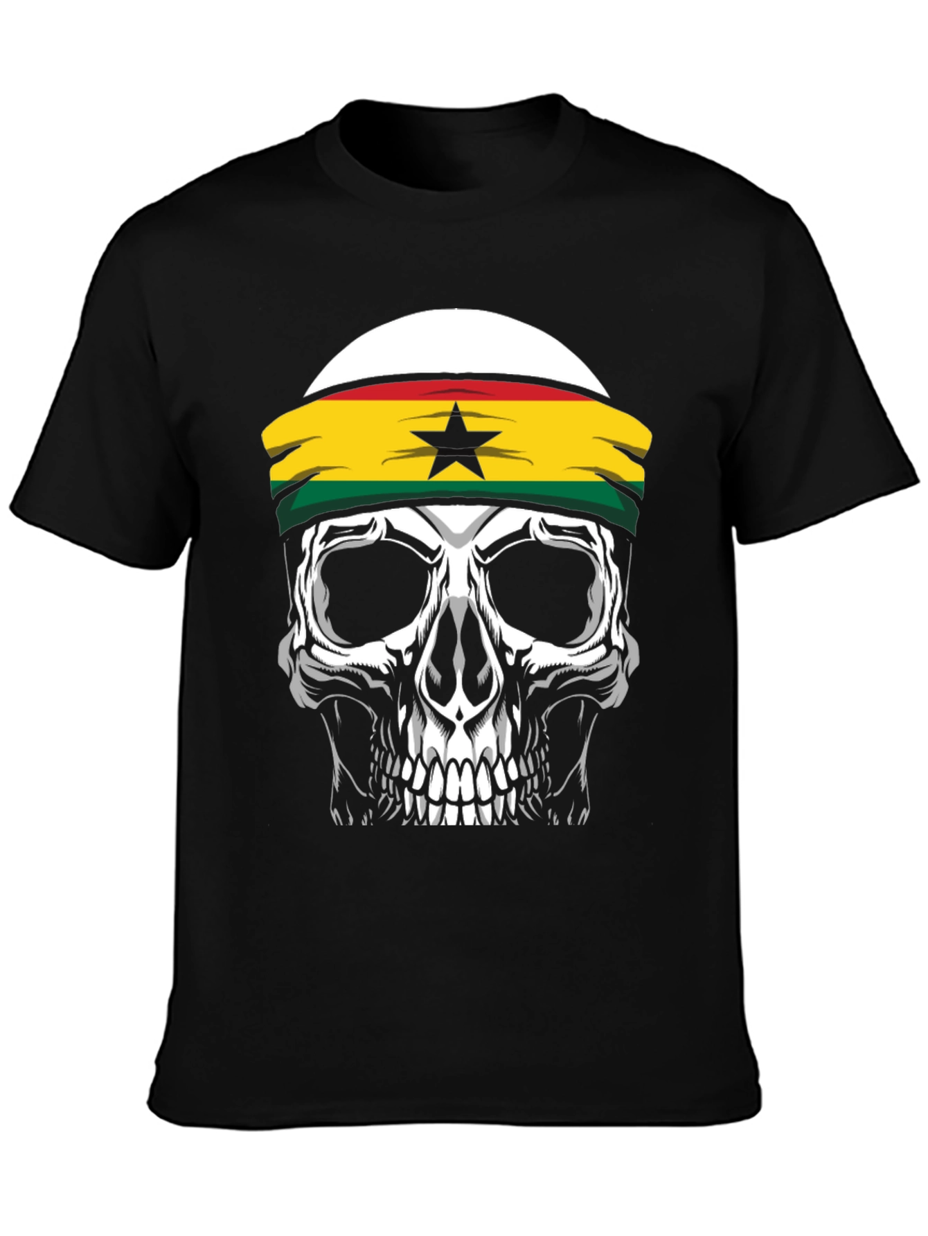 Skull Ghana Flag Headband Black T-Shirt