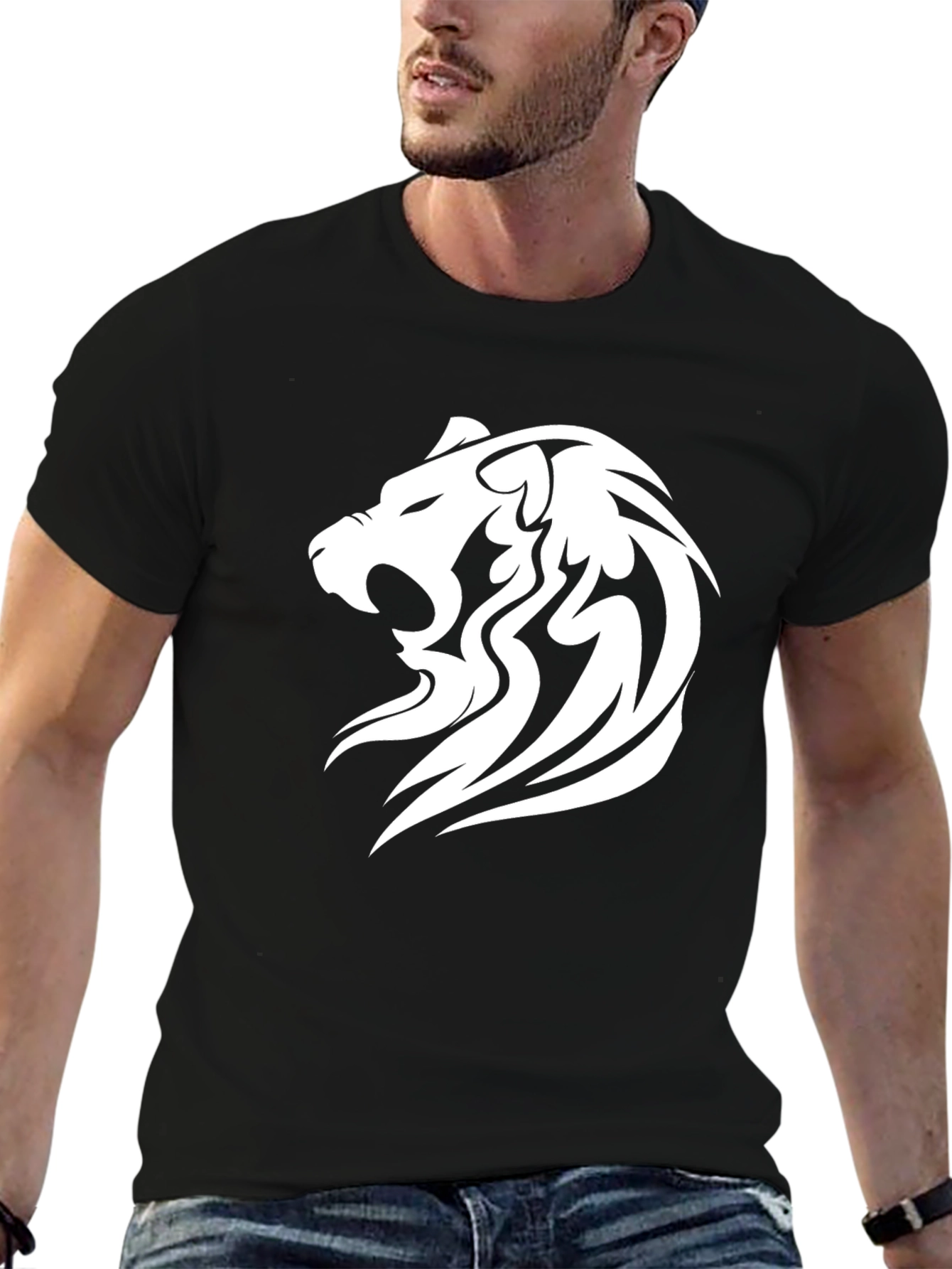 Black T-Shirt with White Lion Graphic