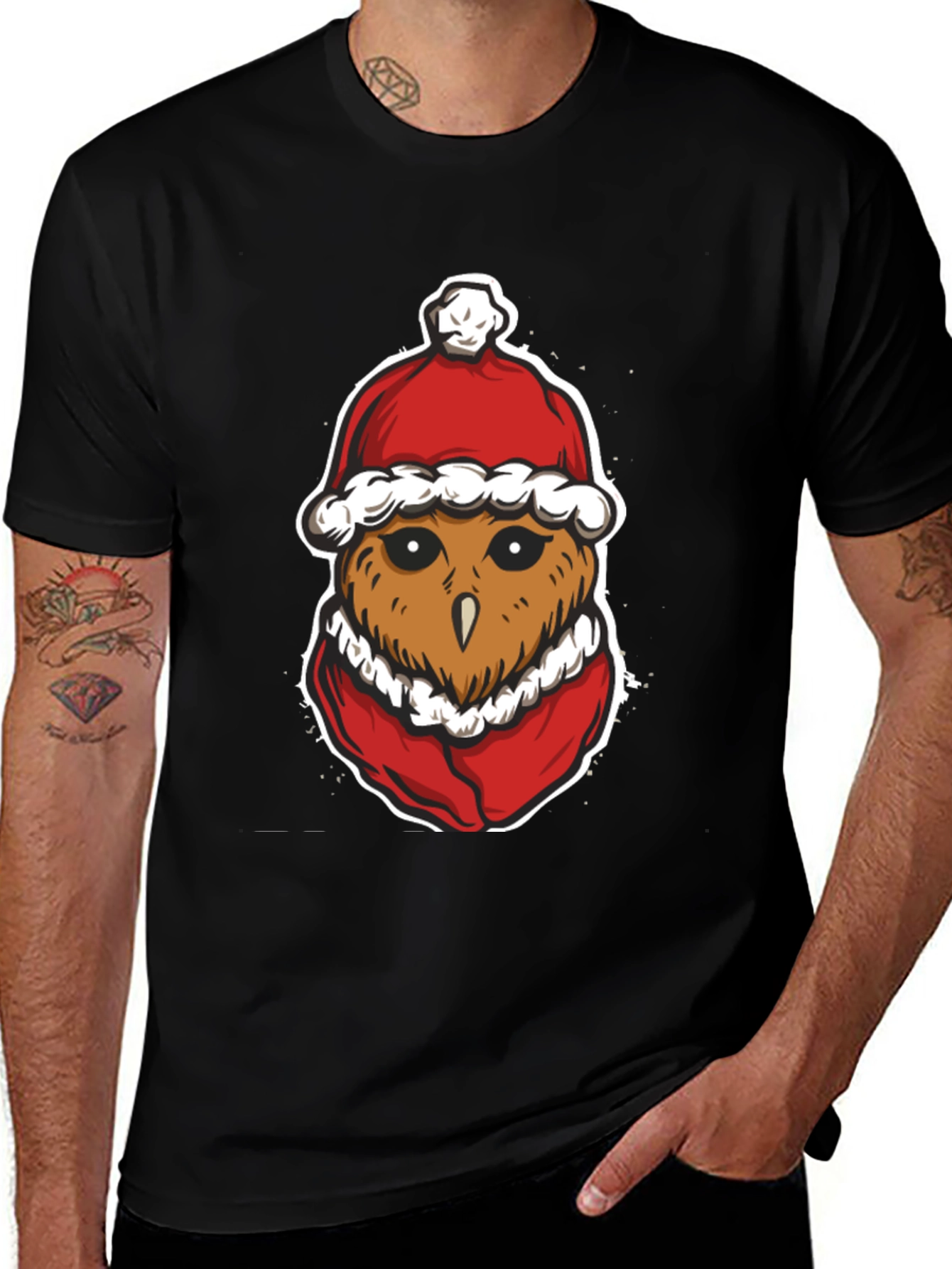 Festive Owl Santa Hat Graphic T-Shirt