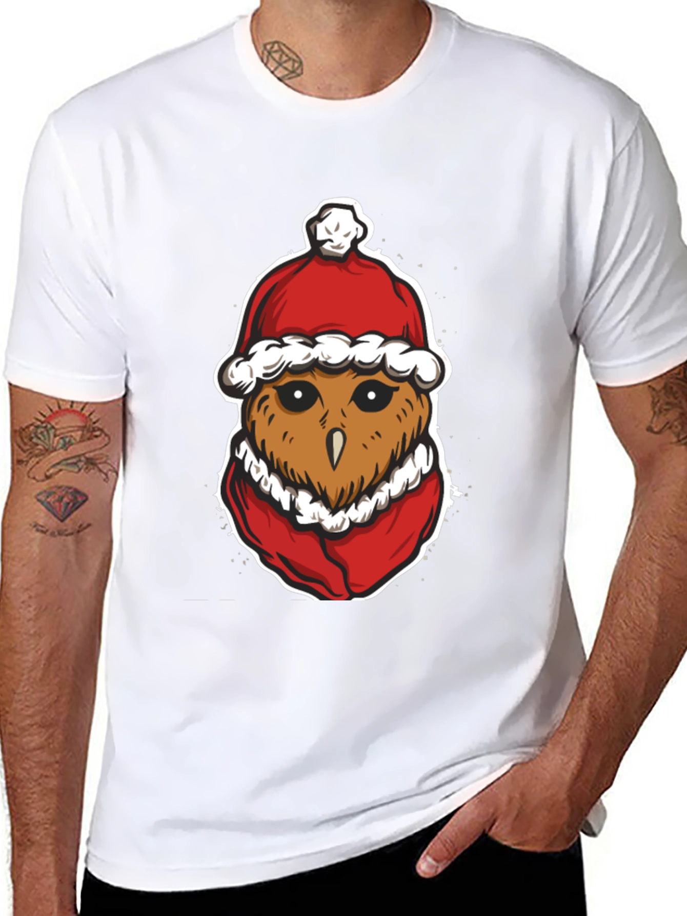 Festive Owl Santa Hat Graphic T-Shirt