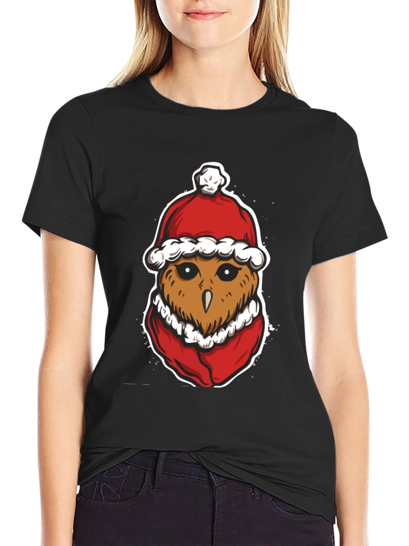 Festive Owl Santa Hat Graphic T-Shirt
