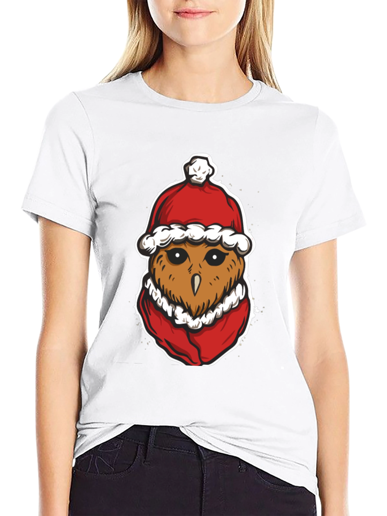 Festive Owl Santa Hat Graphic T-Shirt