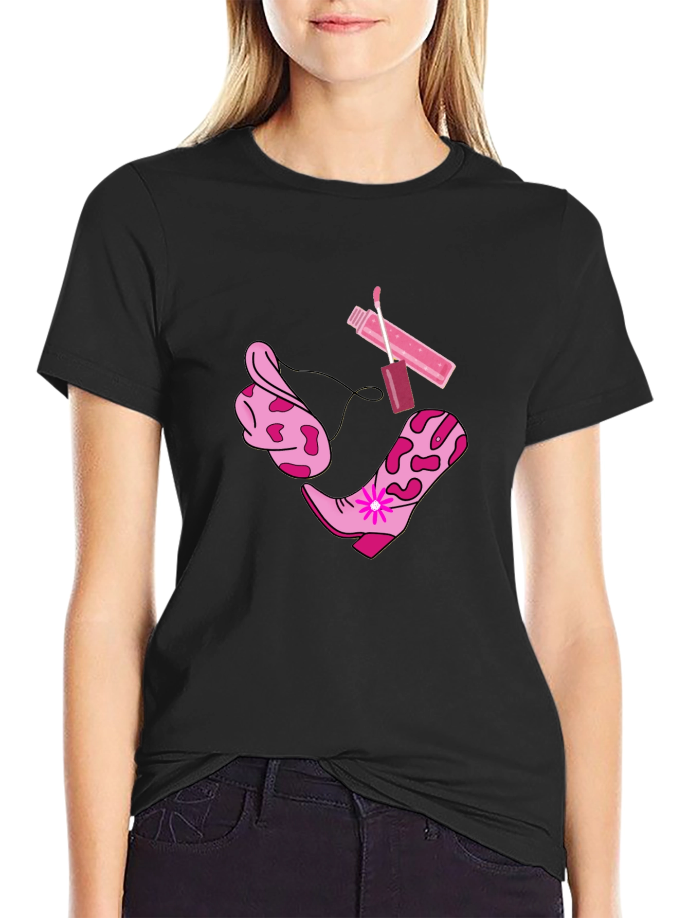Cowgirl Glam Tee - Boots Bandana Lip Gloss Shirt