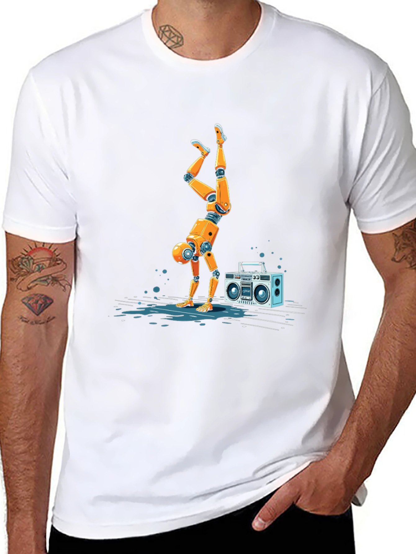 Robot Handstand T-Shirt - Funky Boombox Design