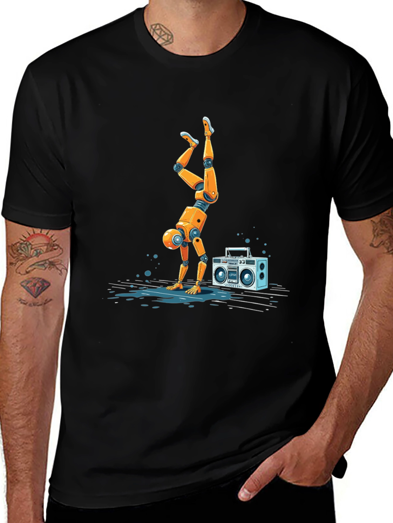 Robot Handstand T-Shirt - Funky Boombox Design