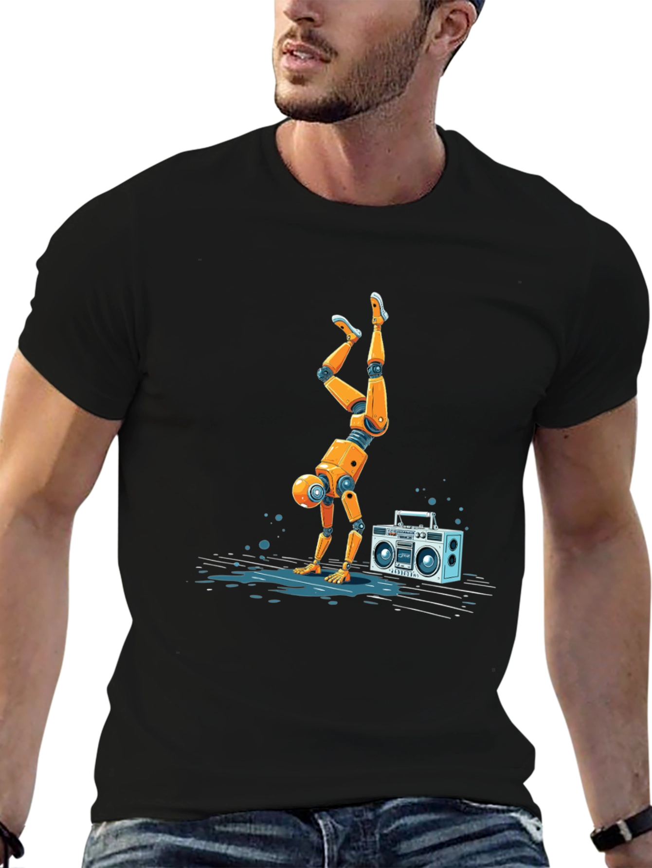 Robot Handstand T-Shirt - Funky Boombox Design