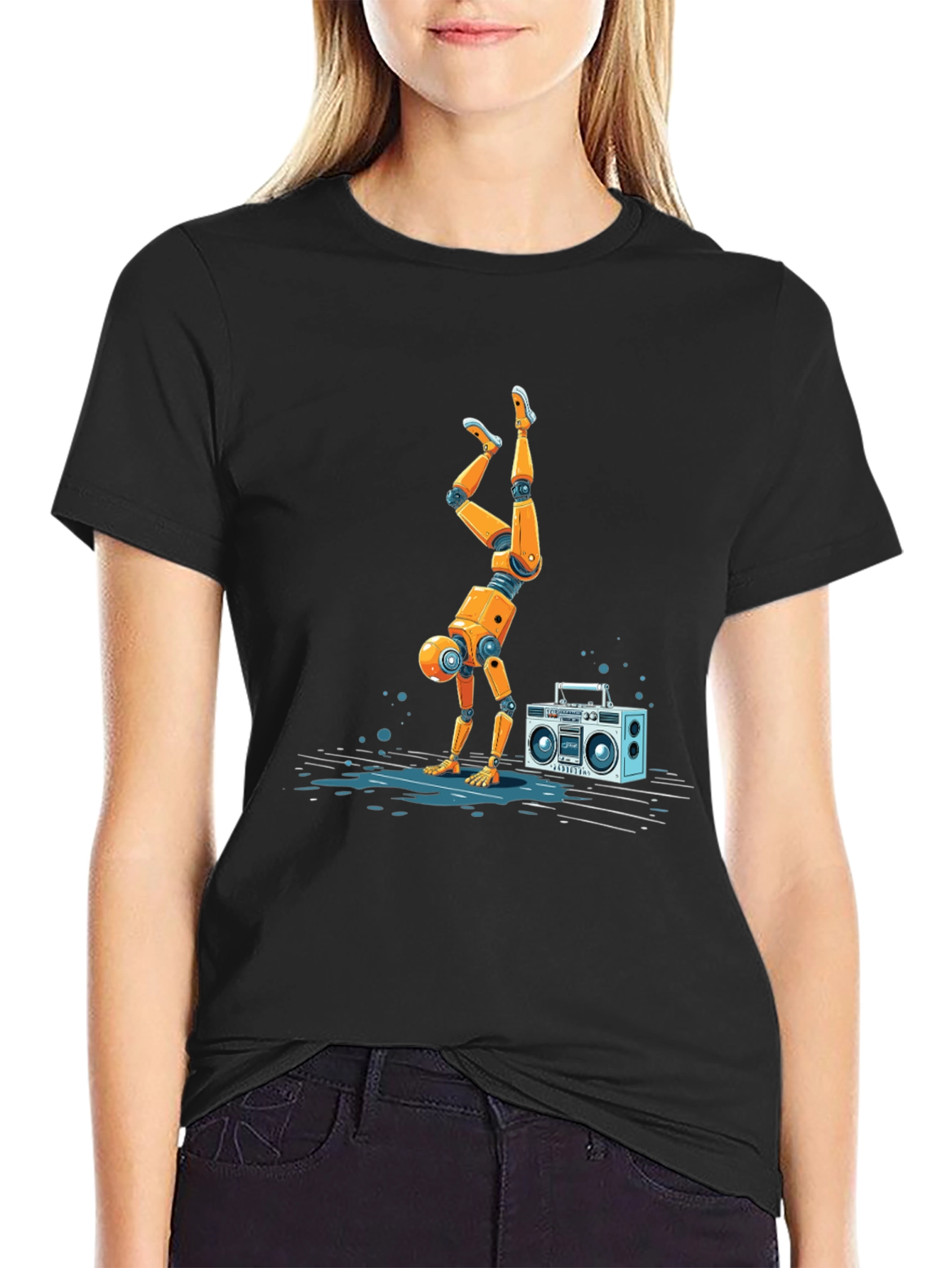Robot Handstand T-Shirt - Funky Boombox Design